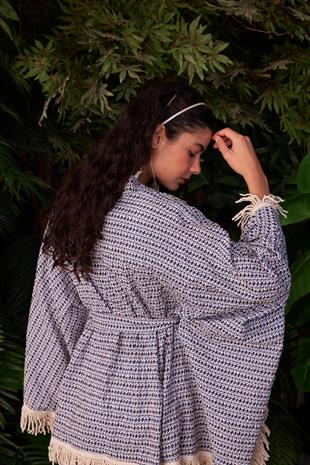 Mara Pamuk Mavi Desenli Püsküllü Panço Kimono Elbise
