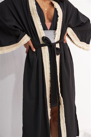 Valeria Siyah Pamuk Püsküllü Kimono