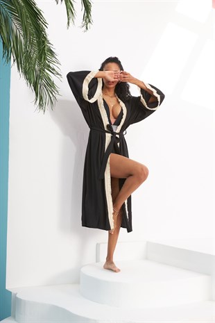 Valeria Siyah Pamuk Püsküllü Kimono