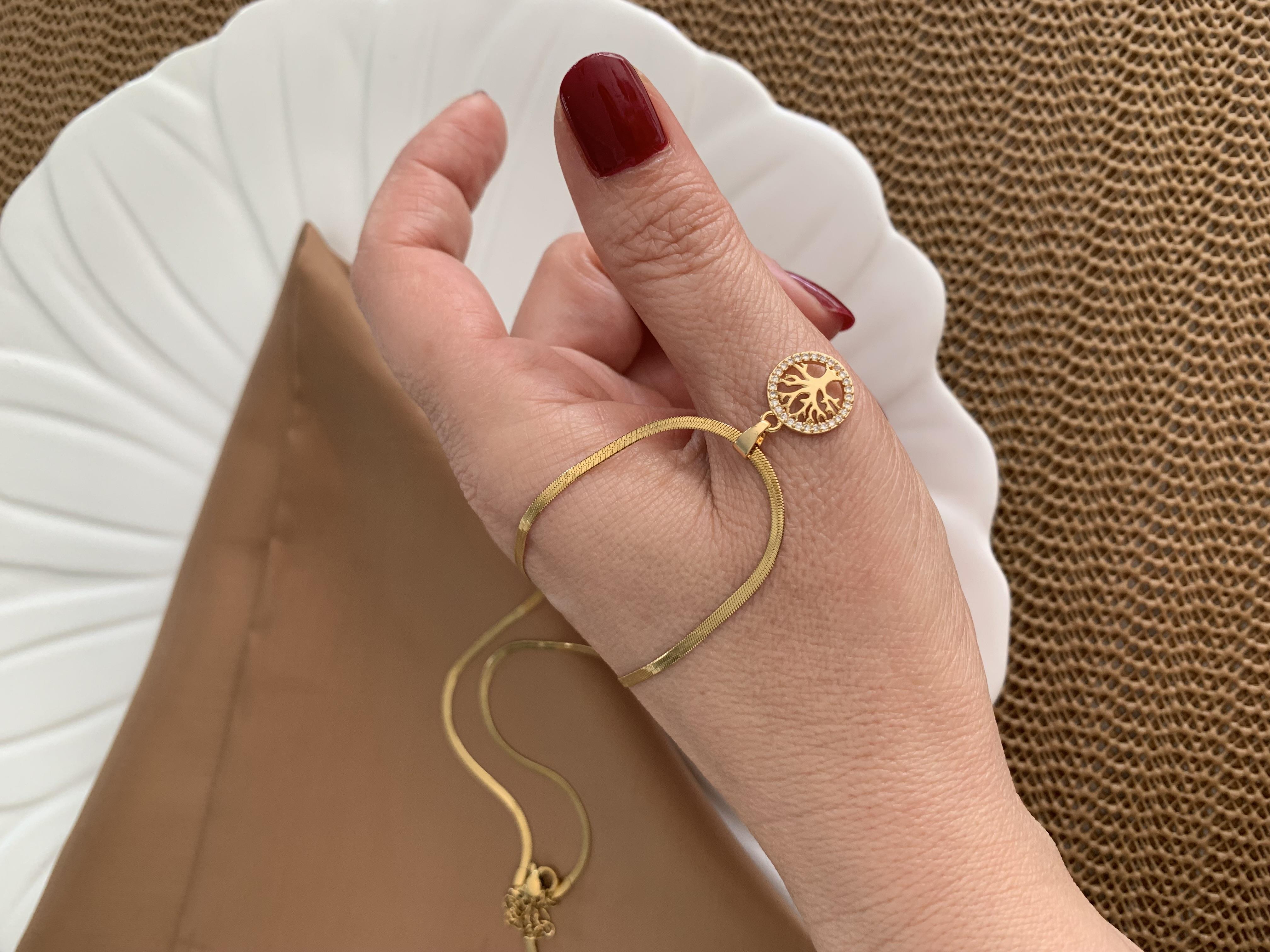 Çelik Gold İnce İtalyan Zincir Zirkon Taşlı Hayat Ağacı Kolye