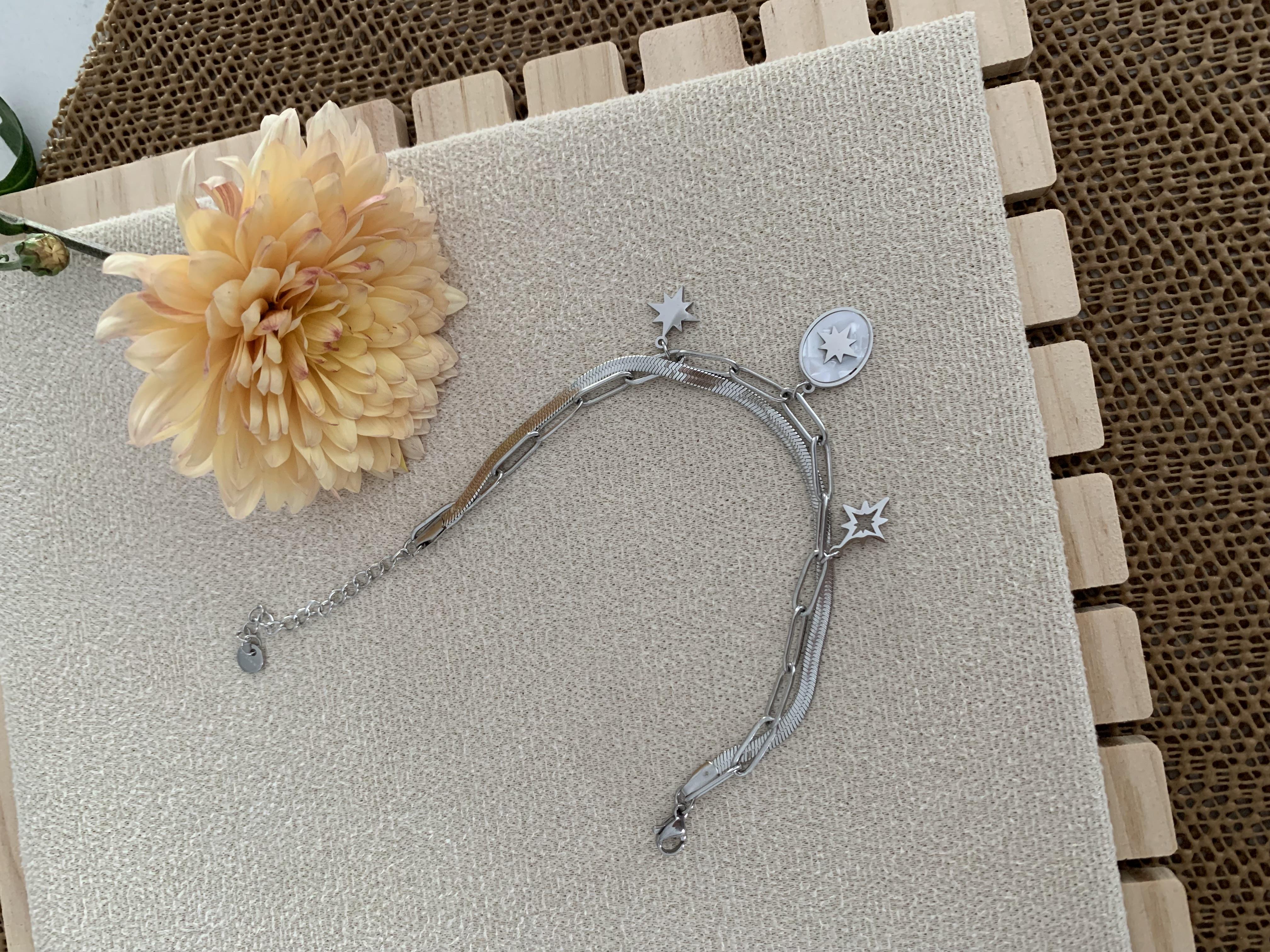 Çelik Gümüş Klasik İtalyan Zincir Sdf Yıldız Sallantılı Bileklik