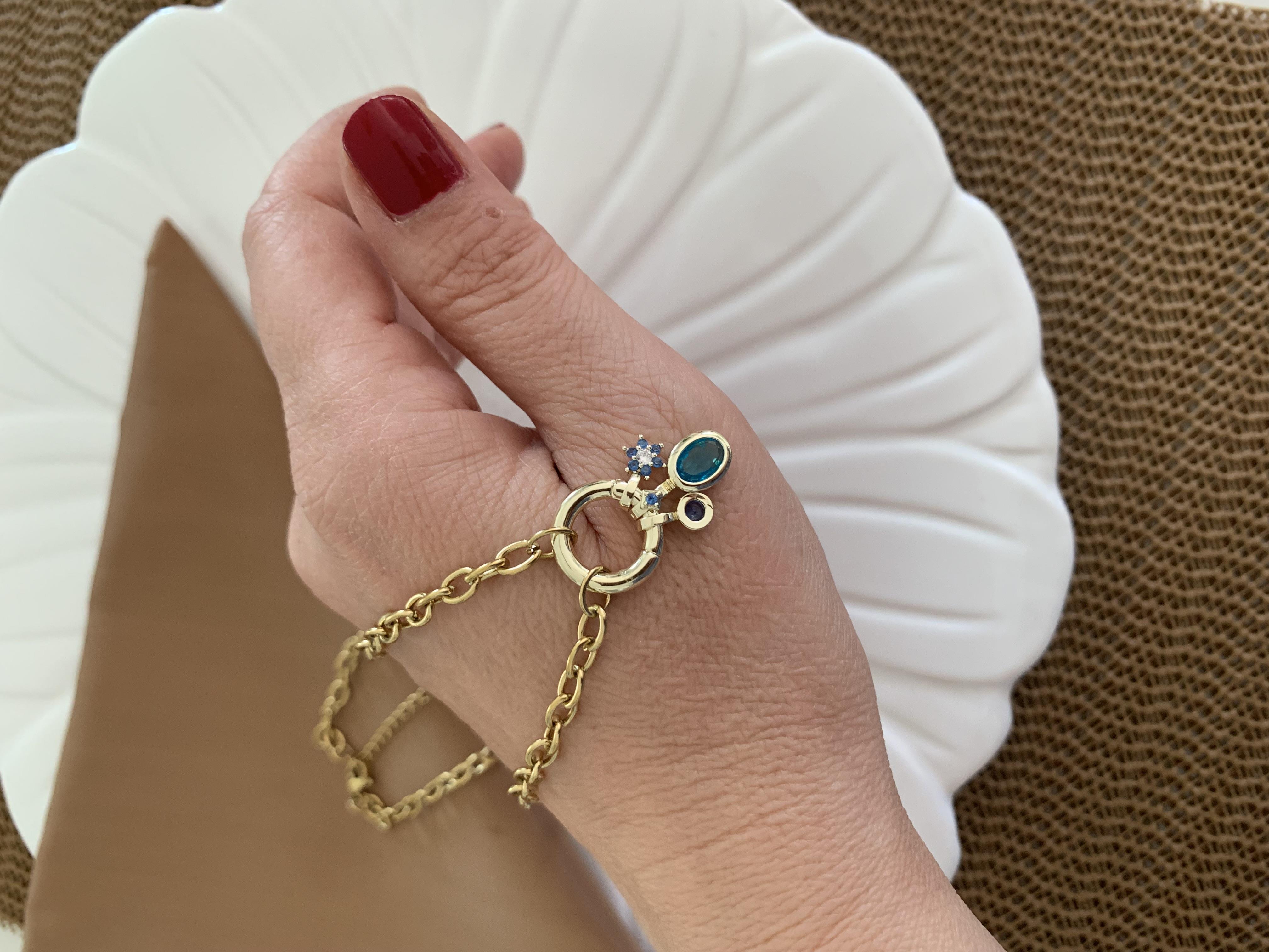 Çelik İnce Ataç Zincirli Yıldız Mavi Taşlı Oval Charm Kolye