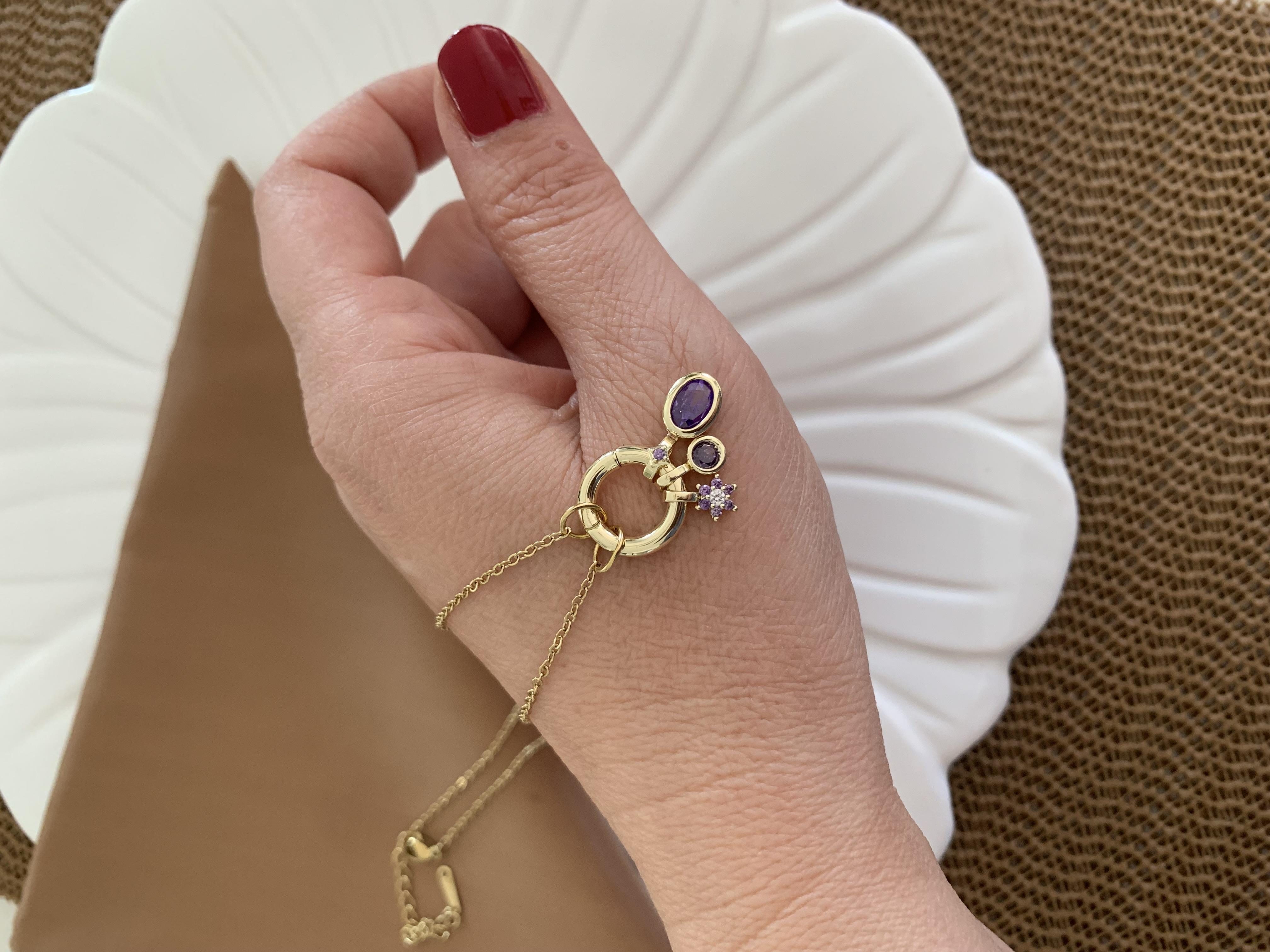 Çelik İnce Zincirli Yıldız Mor Taşlı Oval Charm Kolye