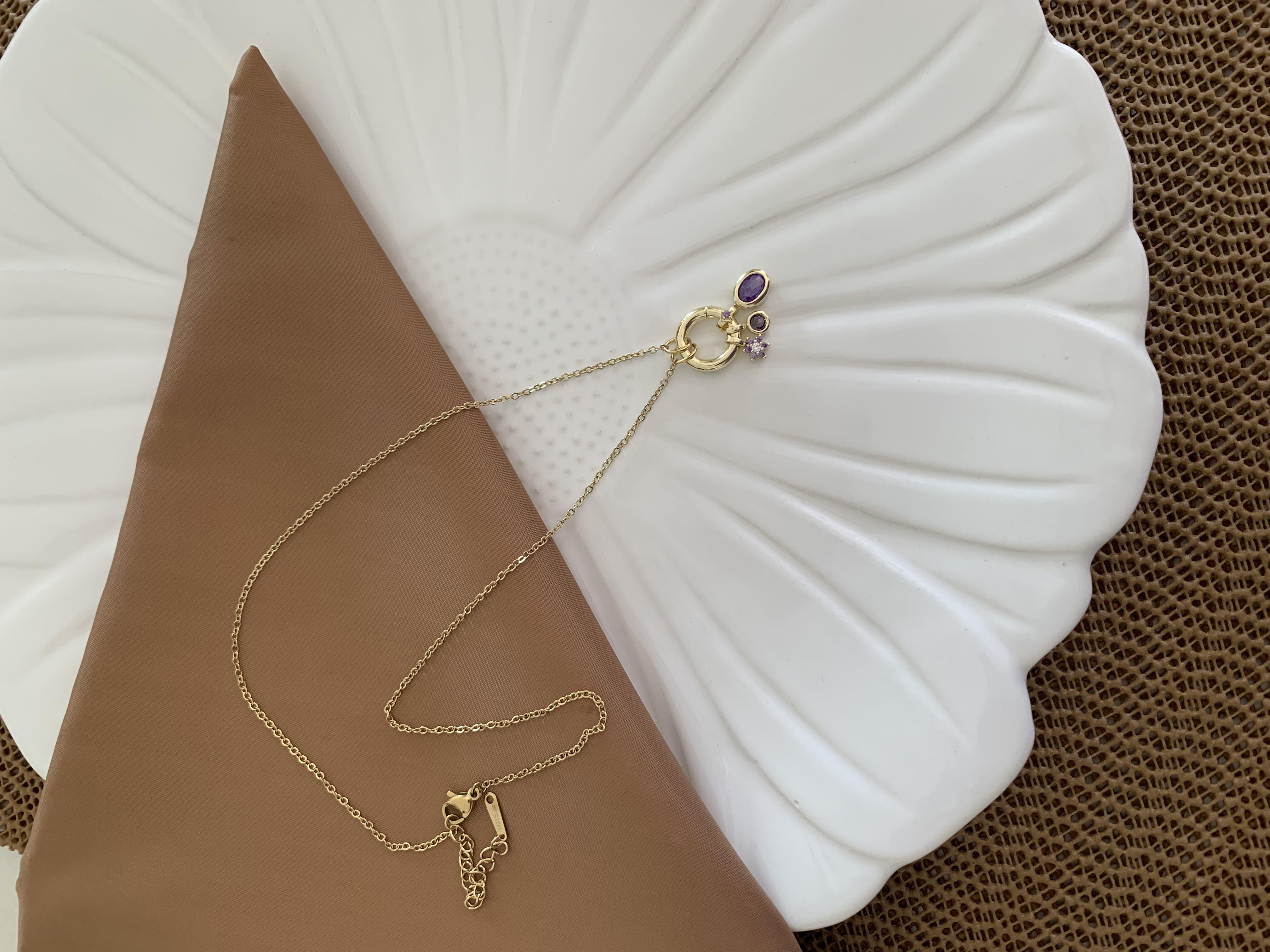 Çelik İnce Zincirli Yıldız Mor Taşlı Oval Charm Kolye