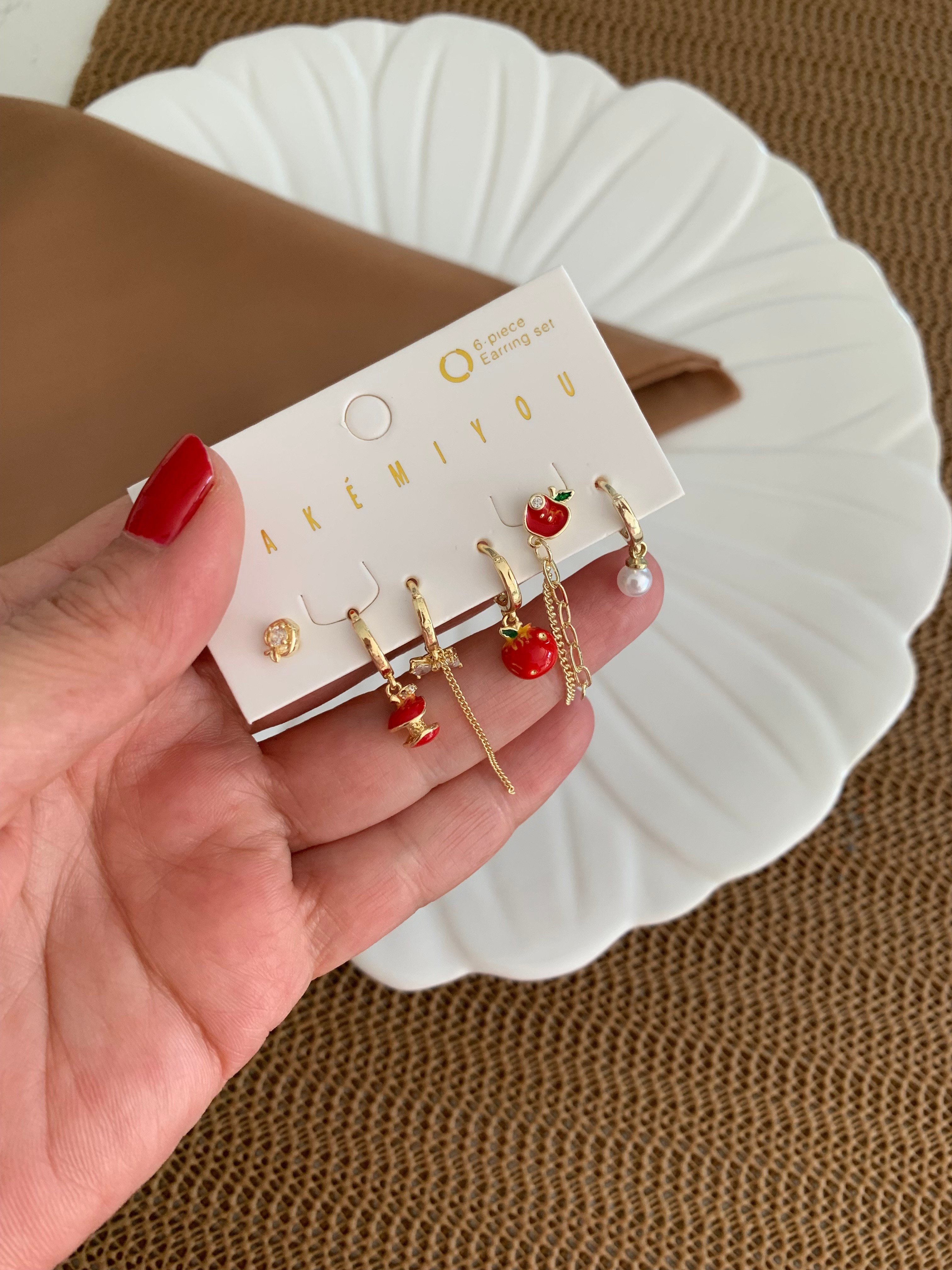 Özel Seri Gold Elma İnci Charm 6 LI Set Halka Küpe