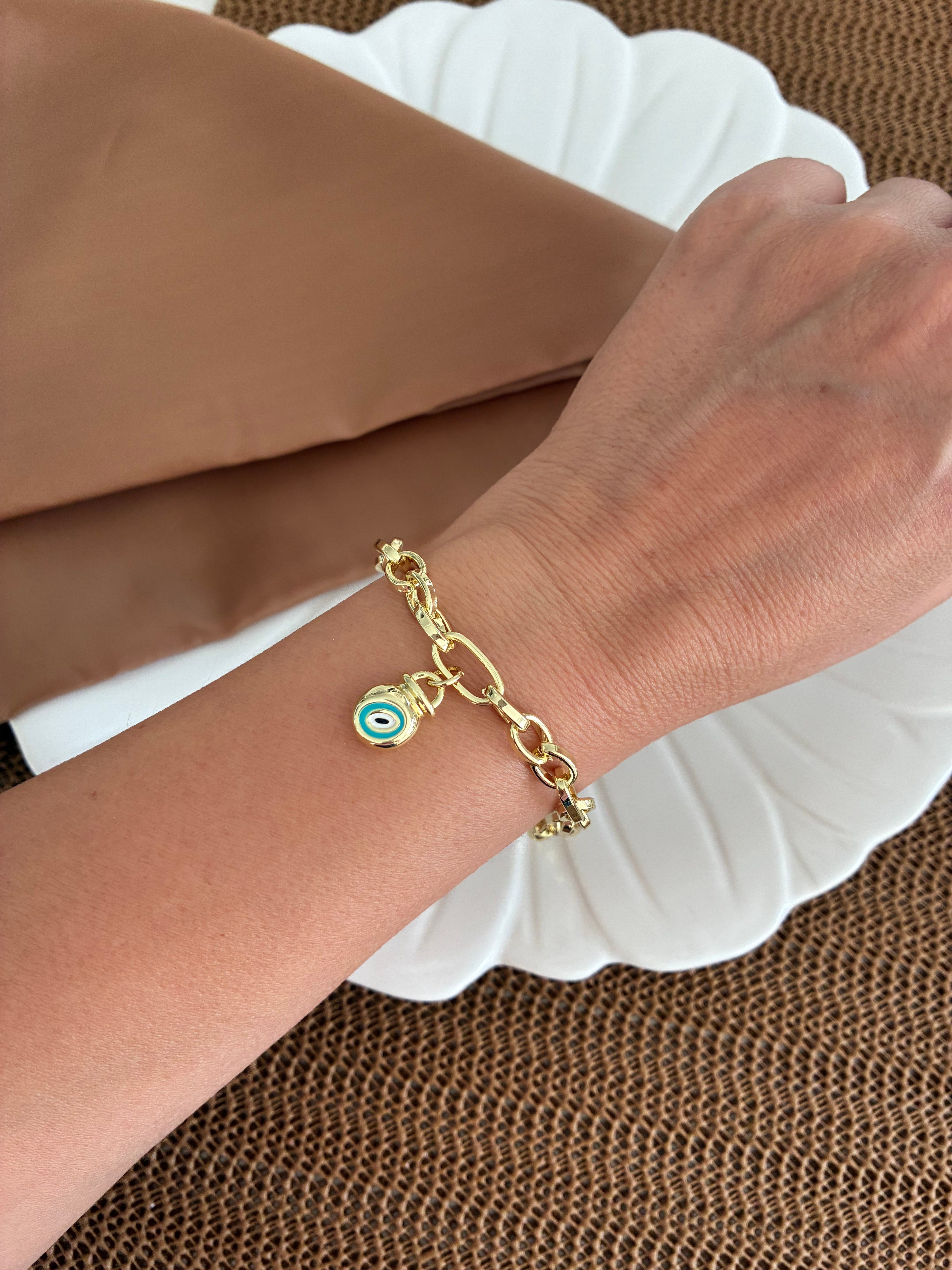 Özel Seri Gold İç İçe Geçme Zincirli Nazar Mineli Daire Charm Dümen Uçlu Bileklik