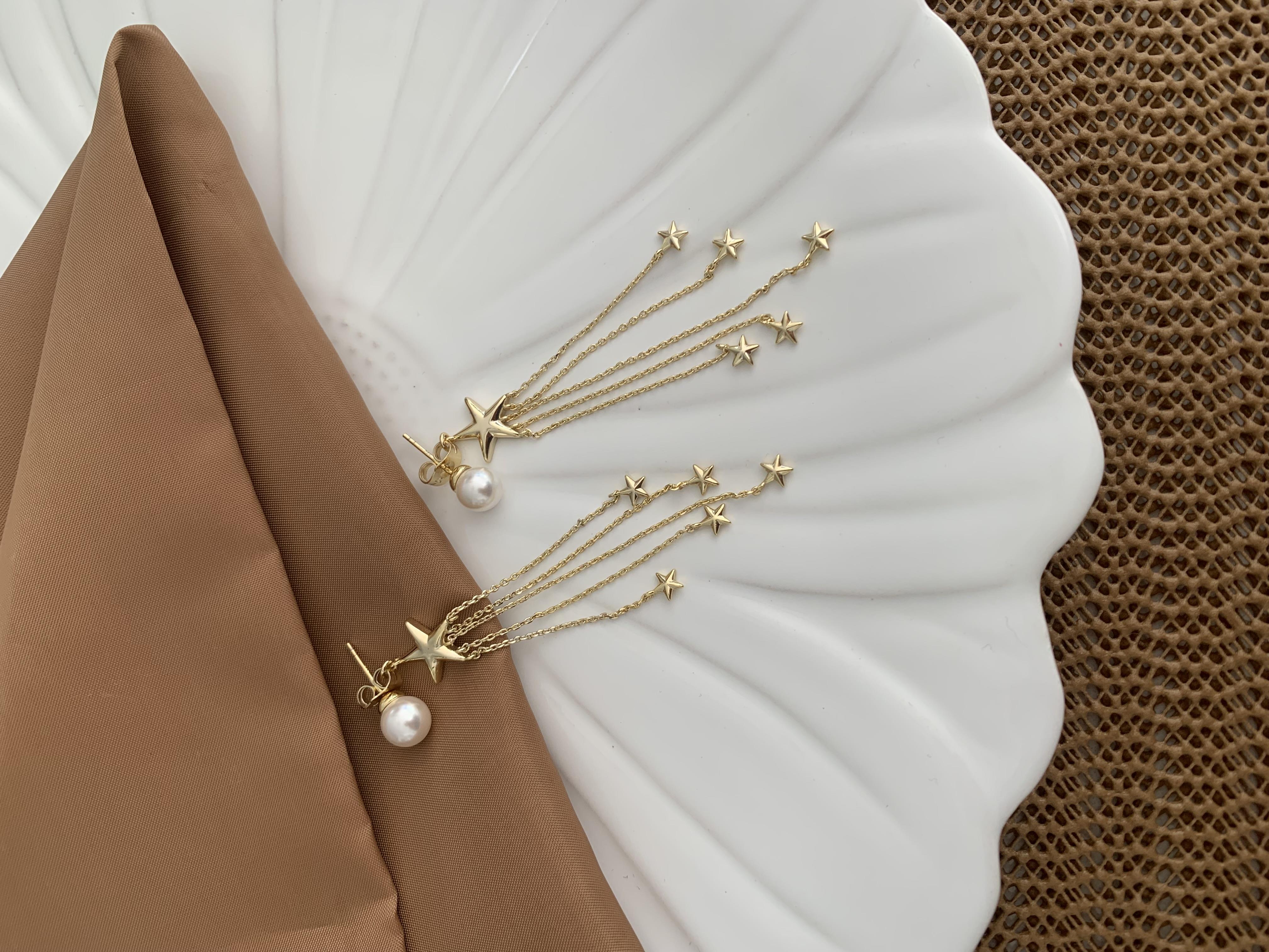 Vip 14k Top İncili Yıldız Sallantılı Tasarım Küpe