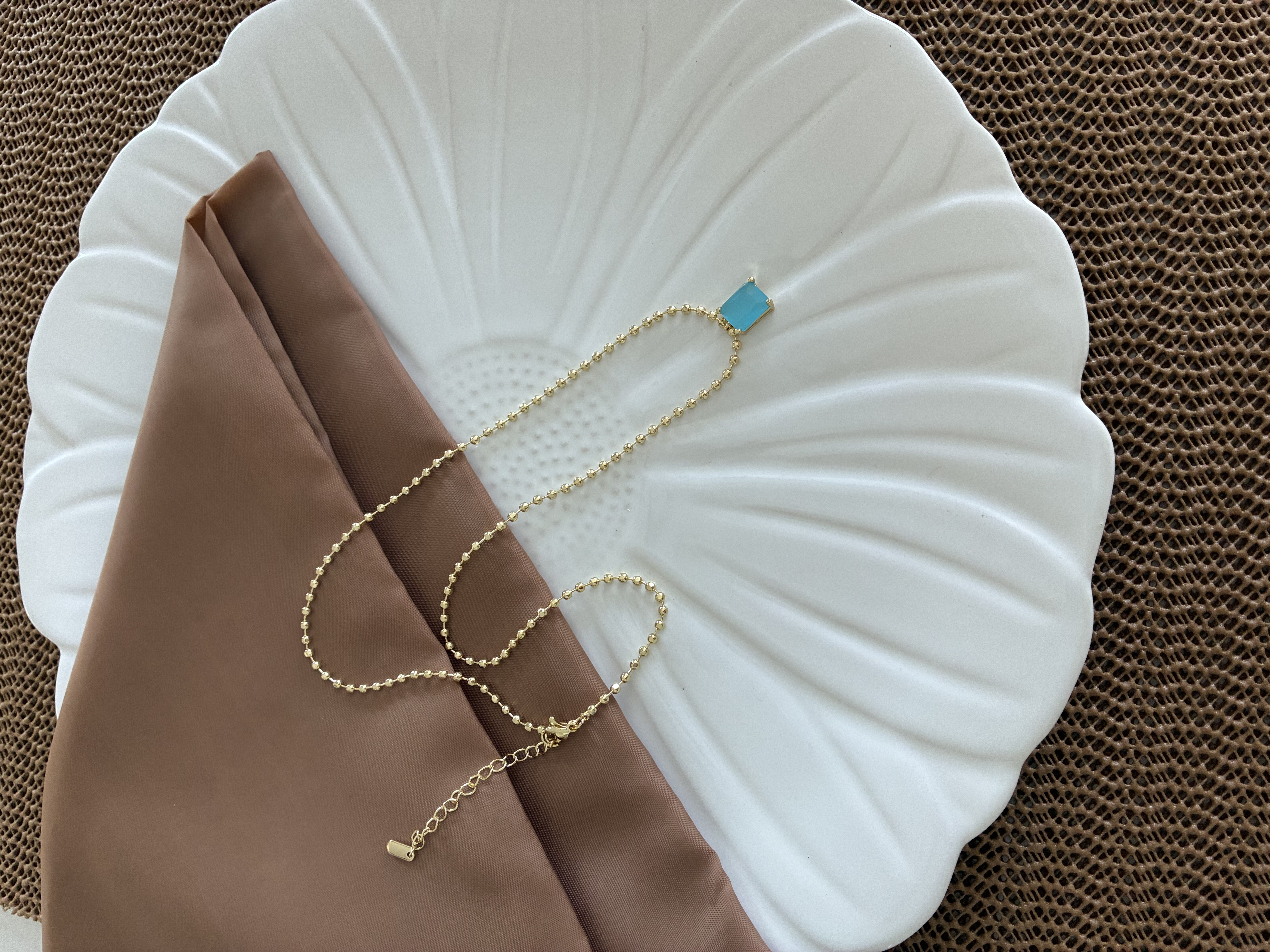Vip Gold 45 Cm Topçuk Zincir Turkuaz Kare Taşlı Kolye