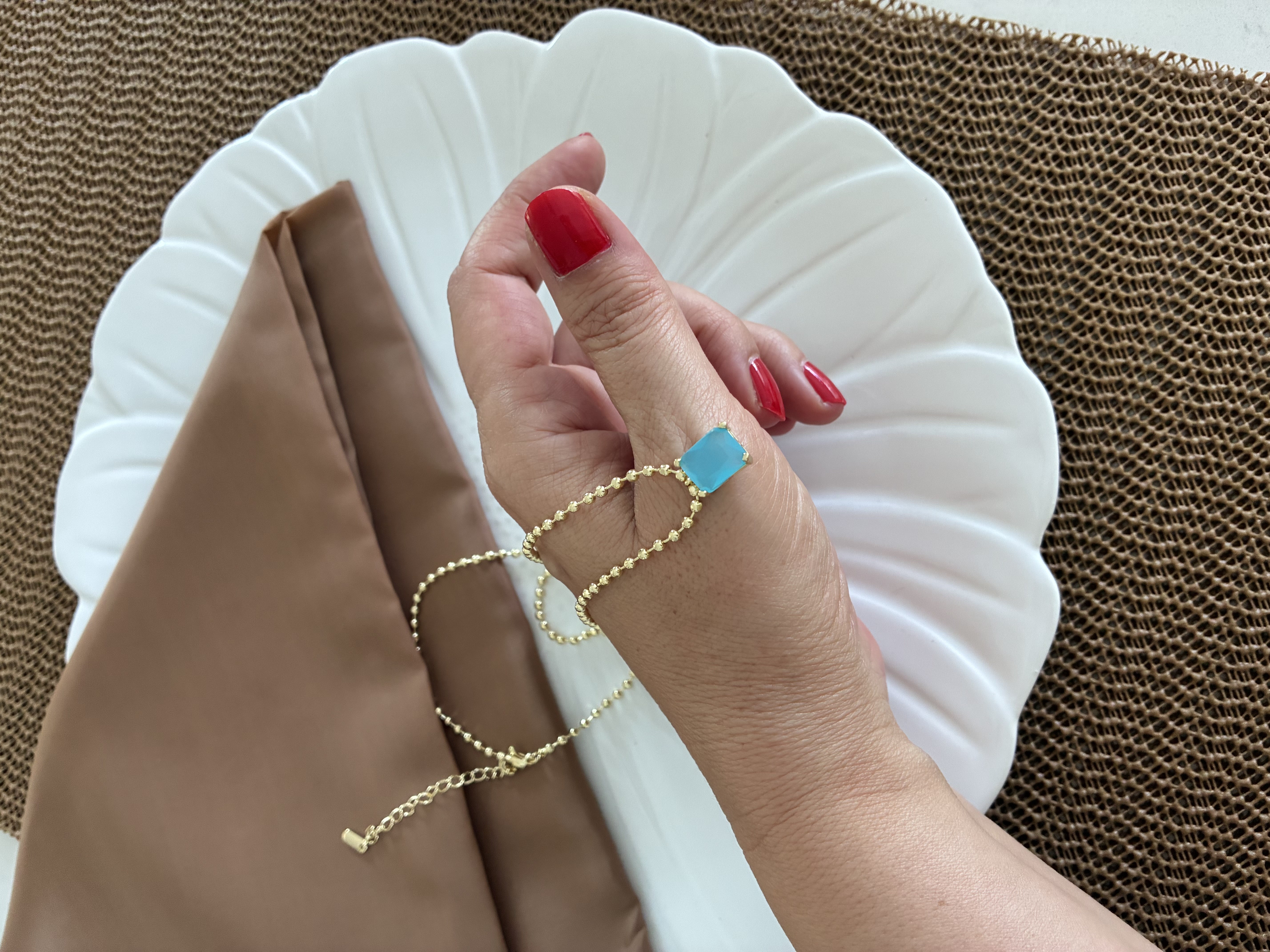 Vip Gold 45 Cm Topçuk Zincir Turkuaz Kare Taşlı Kolye