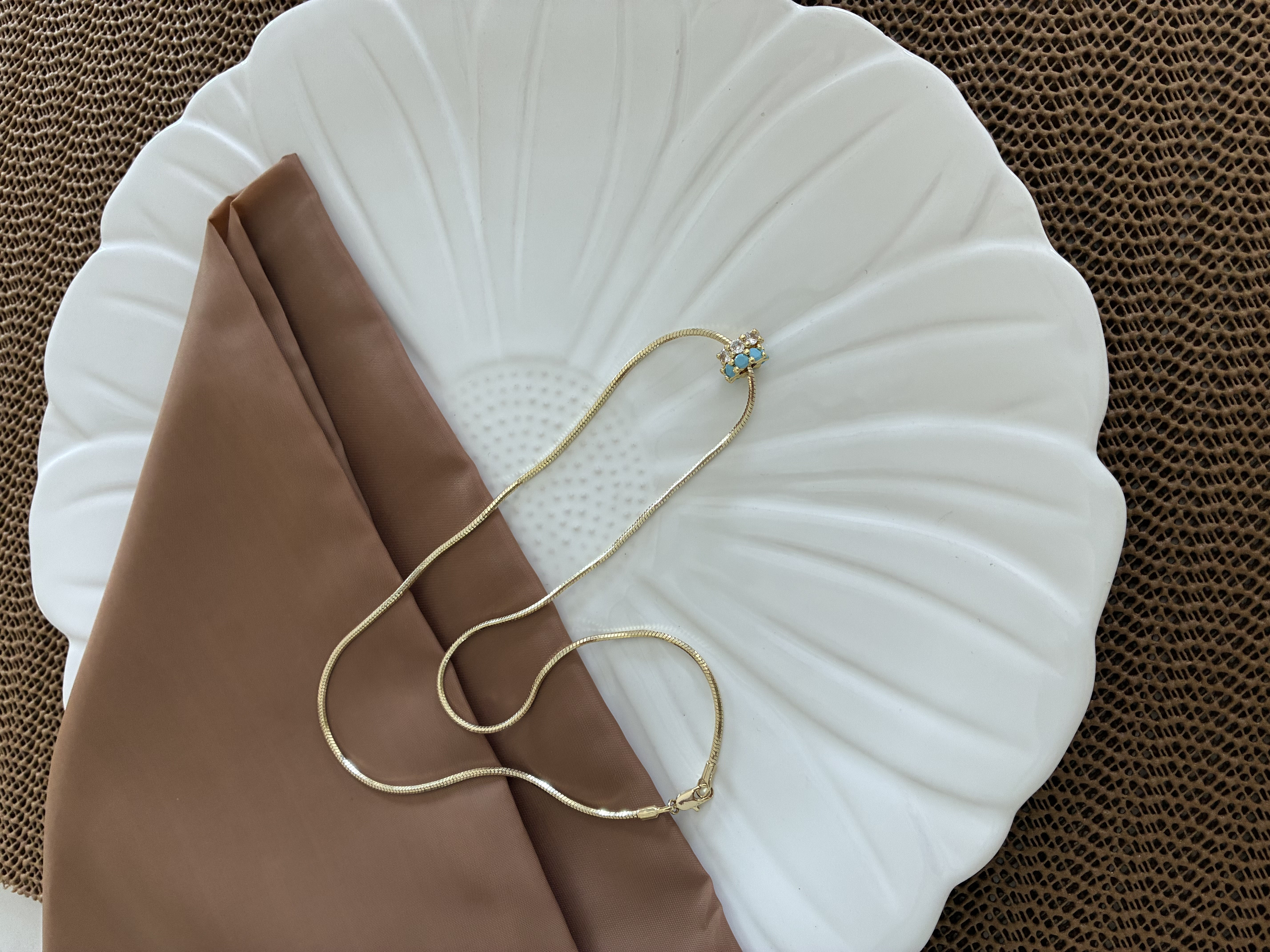 Vip Gold 50 Cm İtalyan Zincir Baget Taşlı Turkuaz Beyaz Daire Kolye