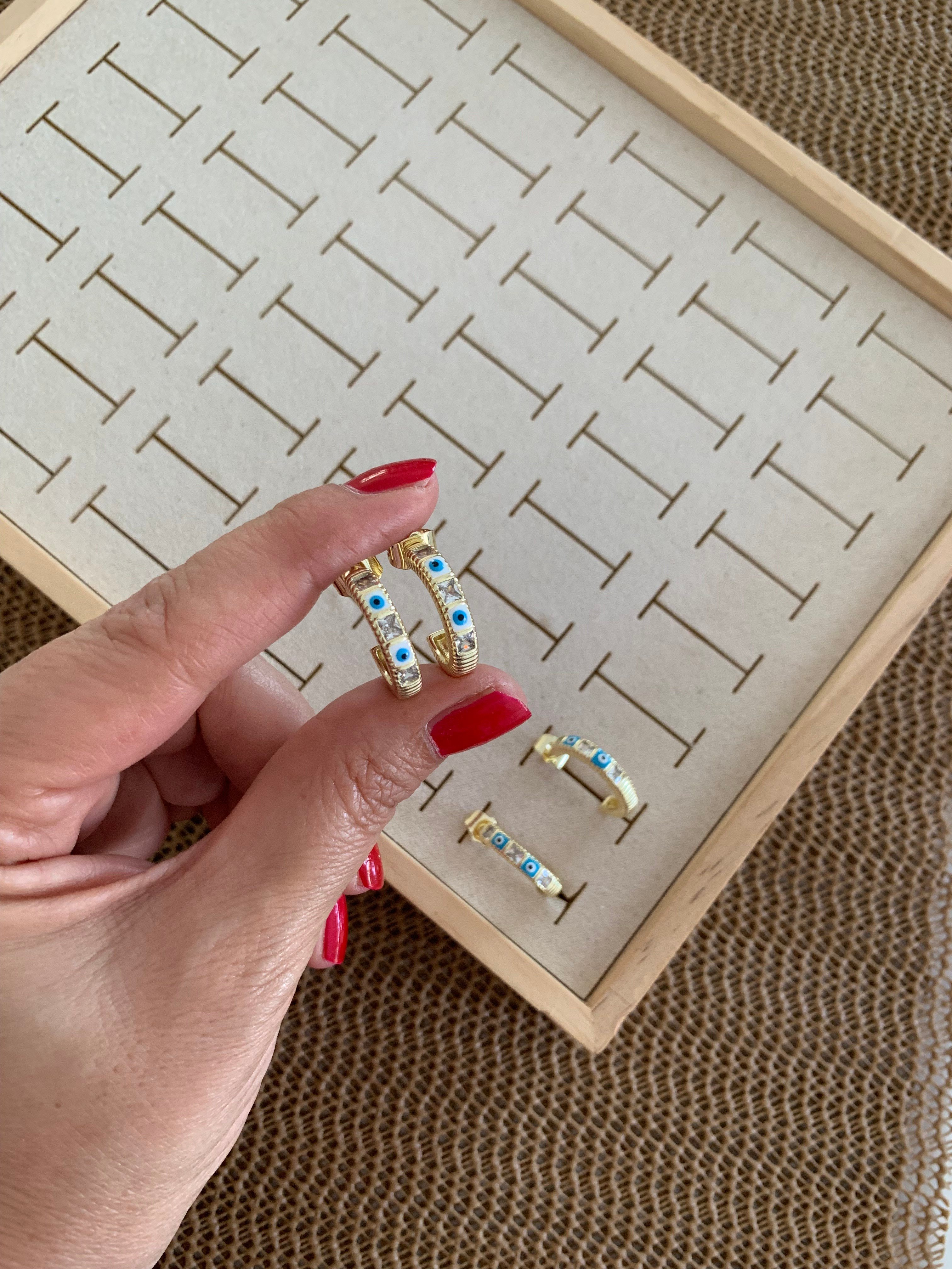 Vip Gold Baget Taşlı Mineli Nazar Ay Küpe