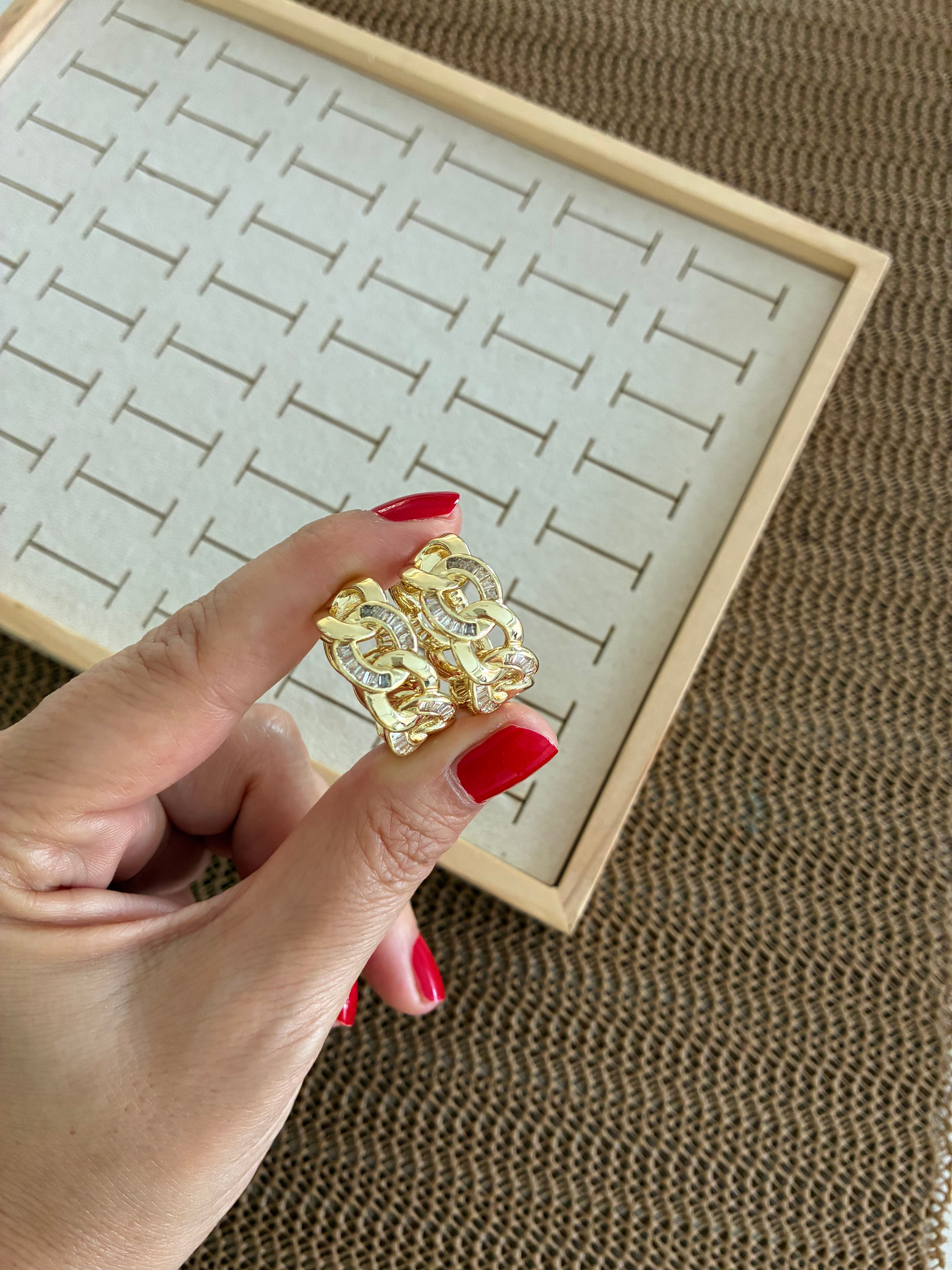 Vip Gold Baget Taşlı Zincir Halka Küpe