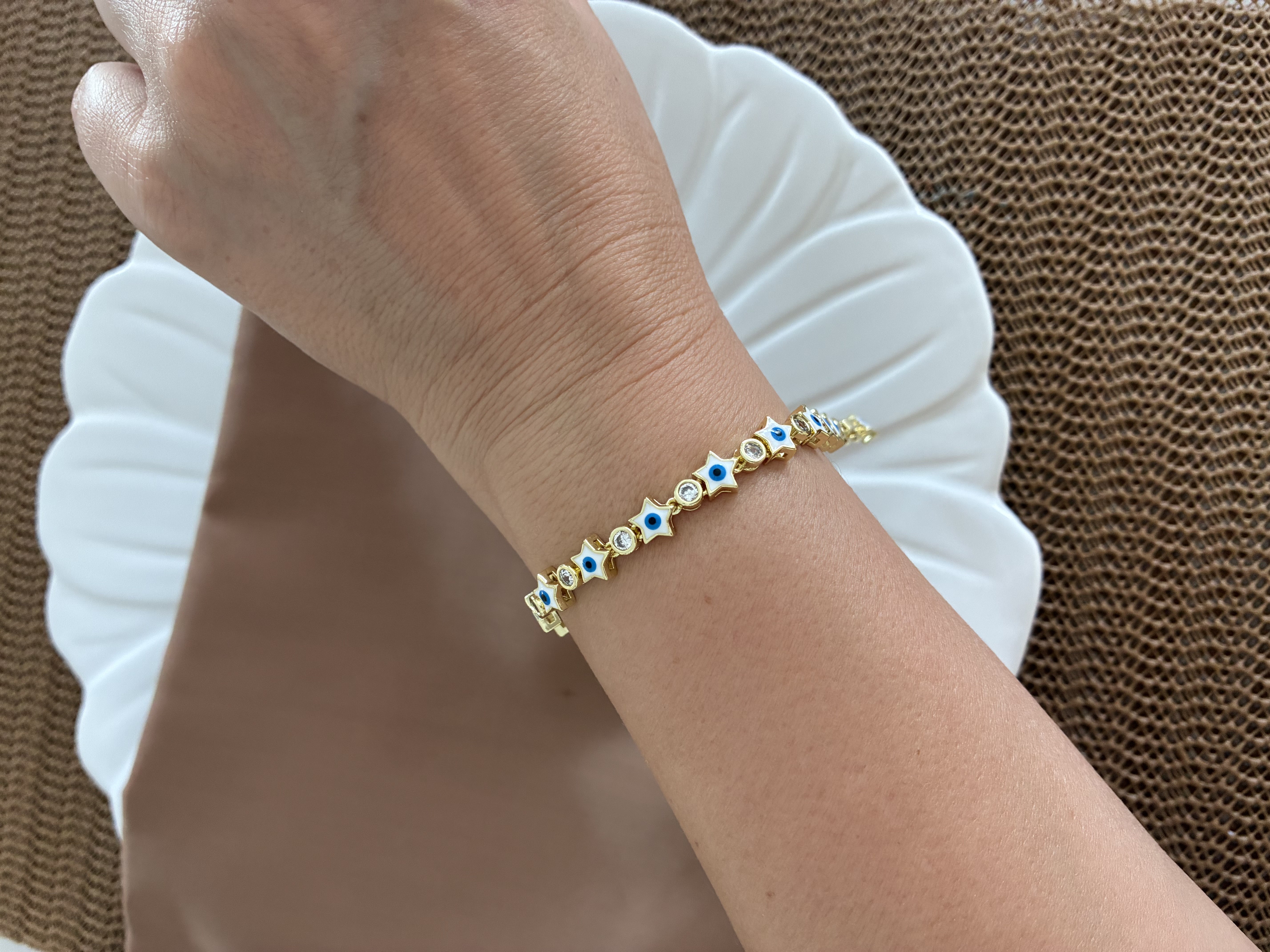 Vip Gold Beyaz Mavi Mineli Yıldız Sıralı Bileklik