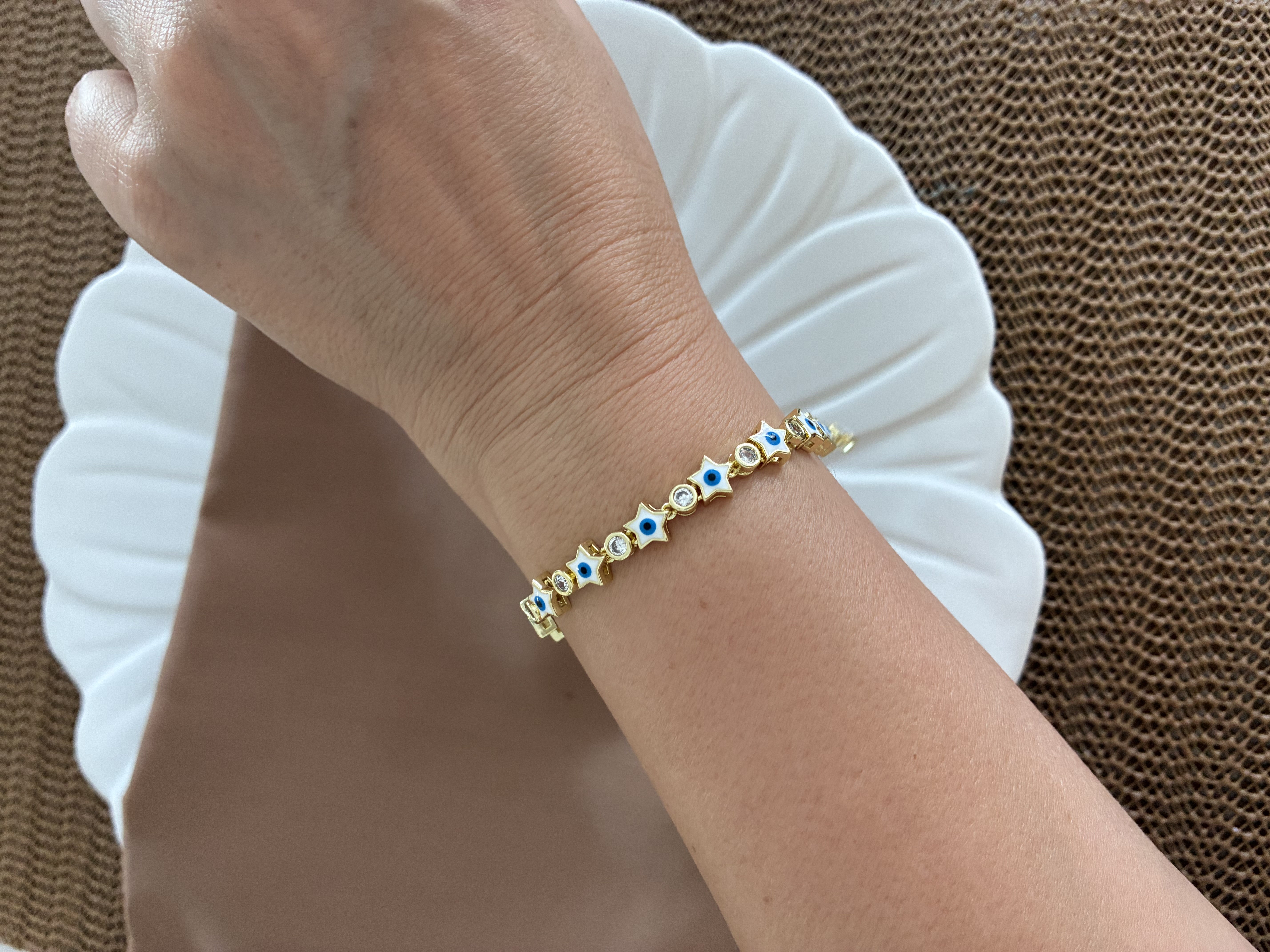Vip Gold Beyaz Mavi Mineli Yıldız Sıralı Bileklik