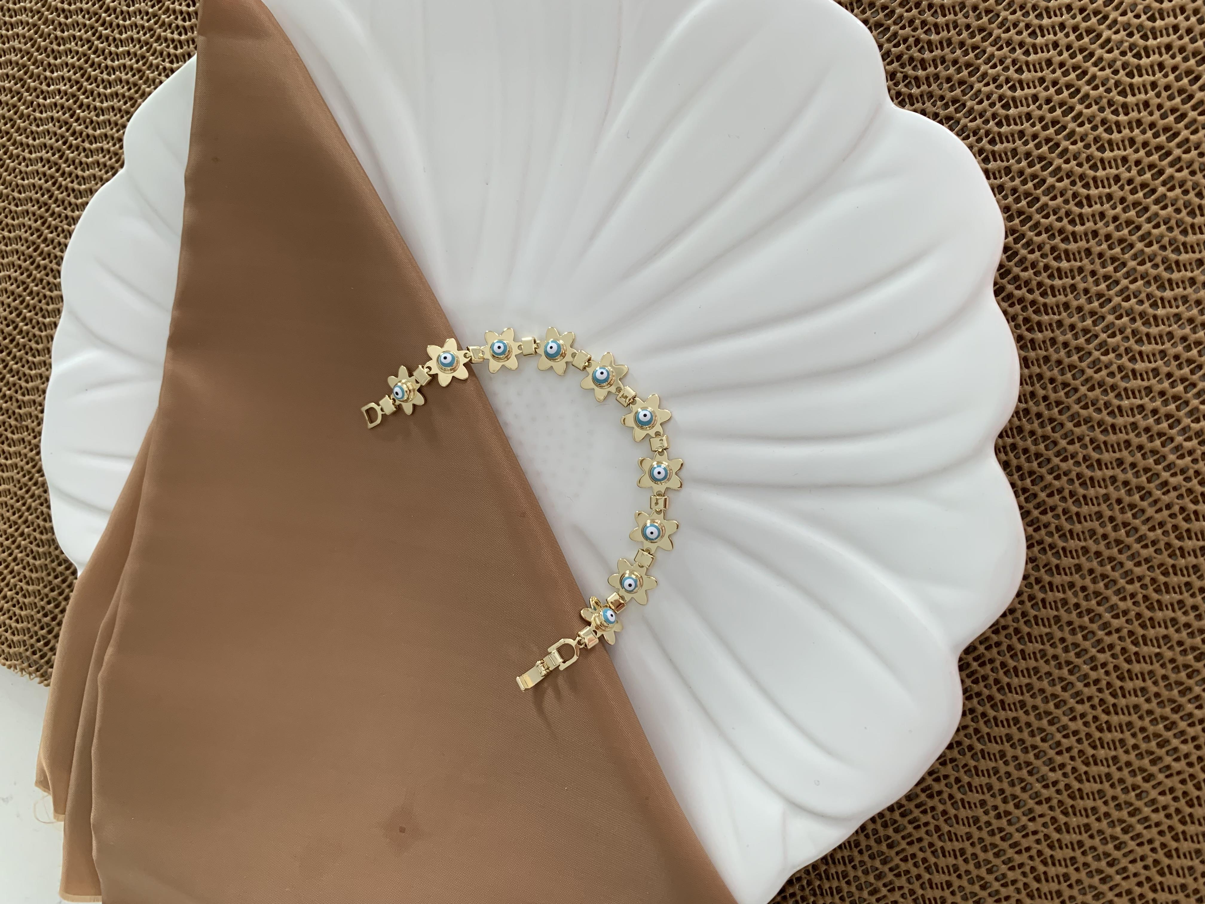 Vip Gold Çiçek Mavi Nazar Sıralı Bileklik