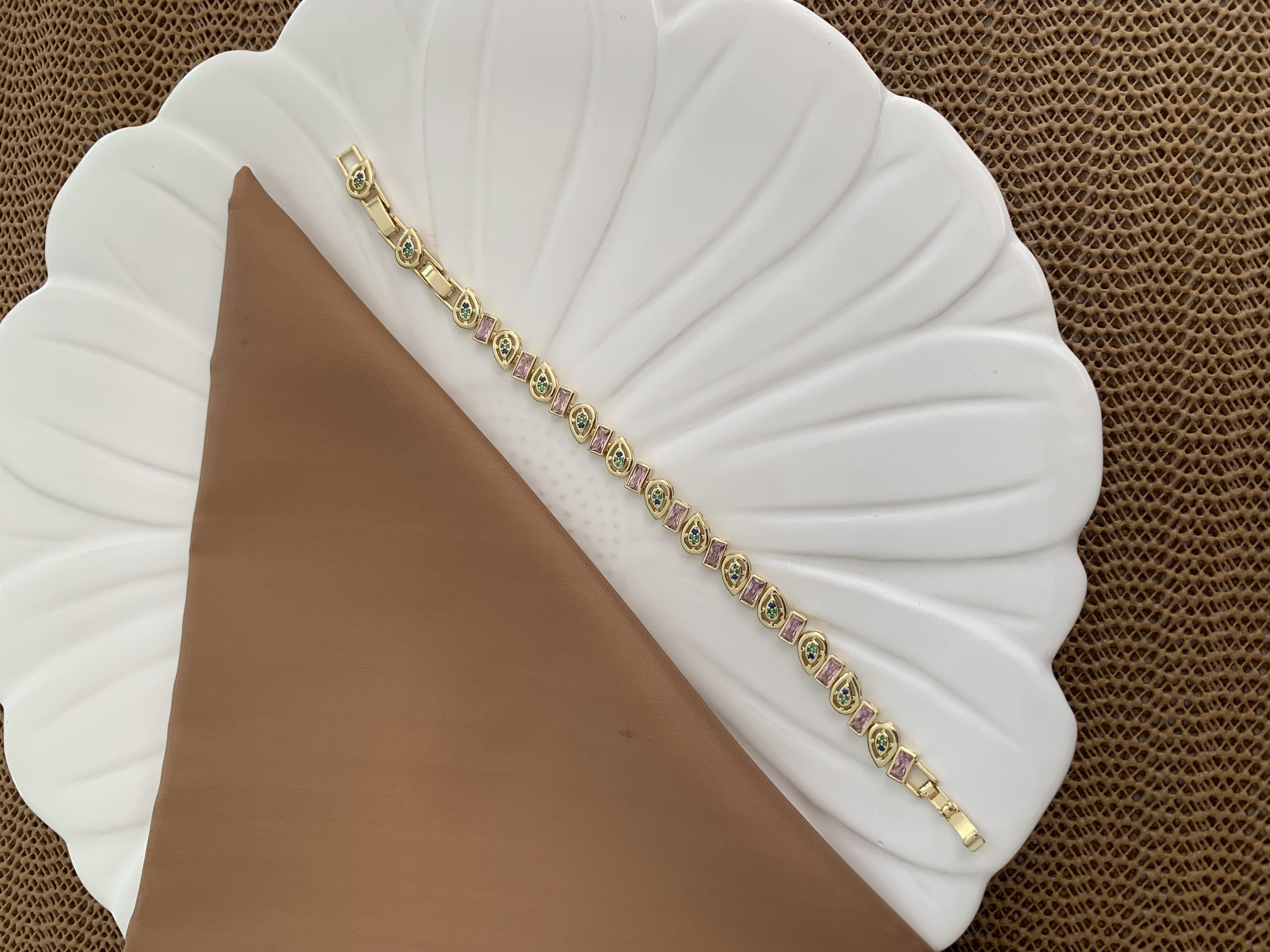 Vip Gold Damla Sıralı Renkli Zirkon Baget Taşlı Tasarım Bileklik
