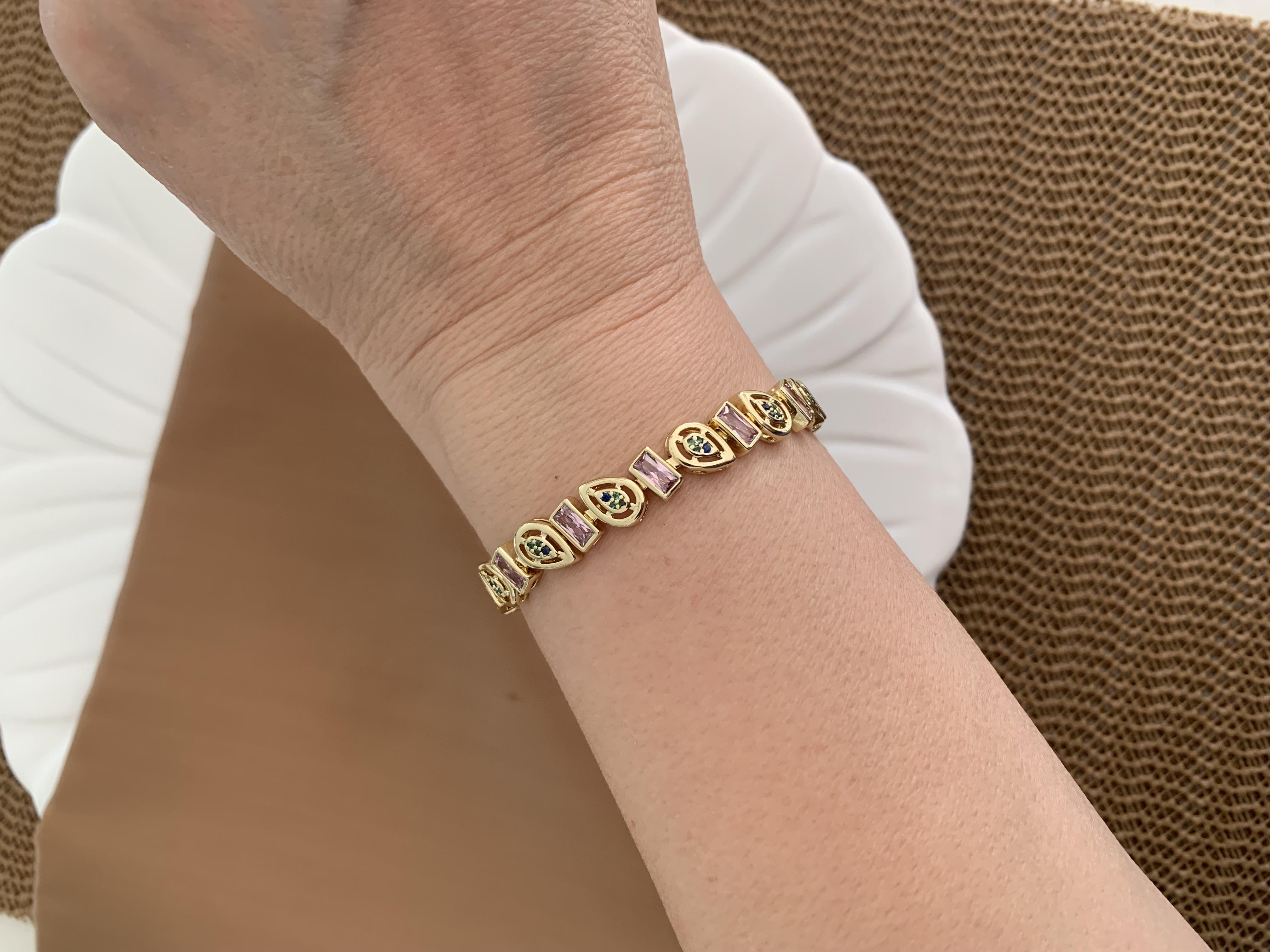 Vip Gold Damla Sıralı Renkli Zirkon Baget Taşlı Tasarım Bileklik