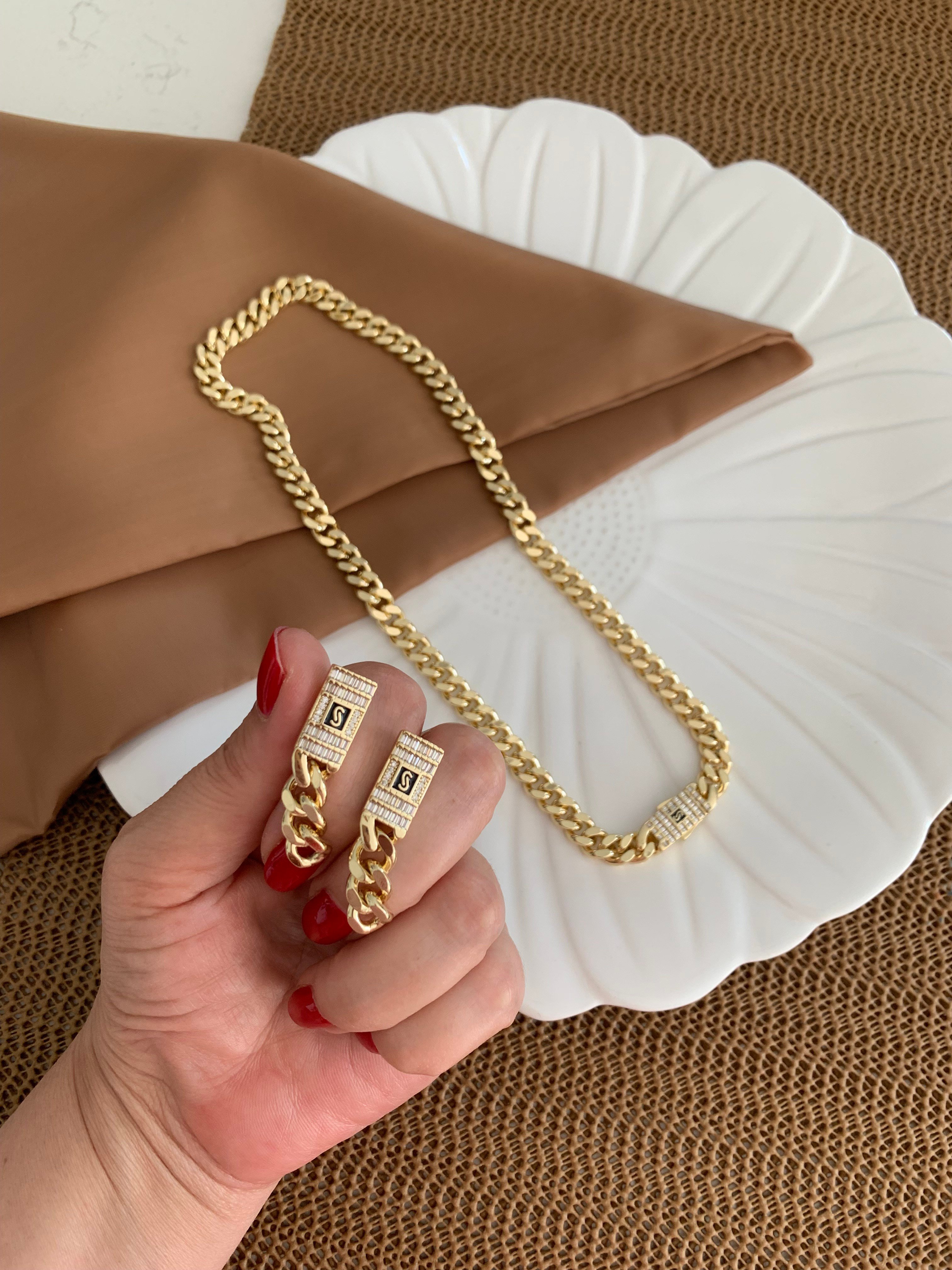 Vip Gold İnce İç İçe Geçme Klasik Zincirli Gurmet Kolye Küpe Set 