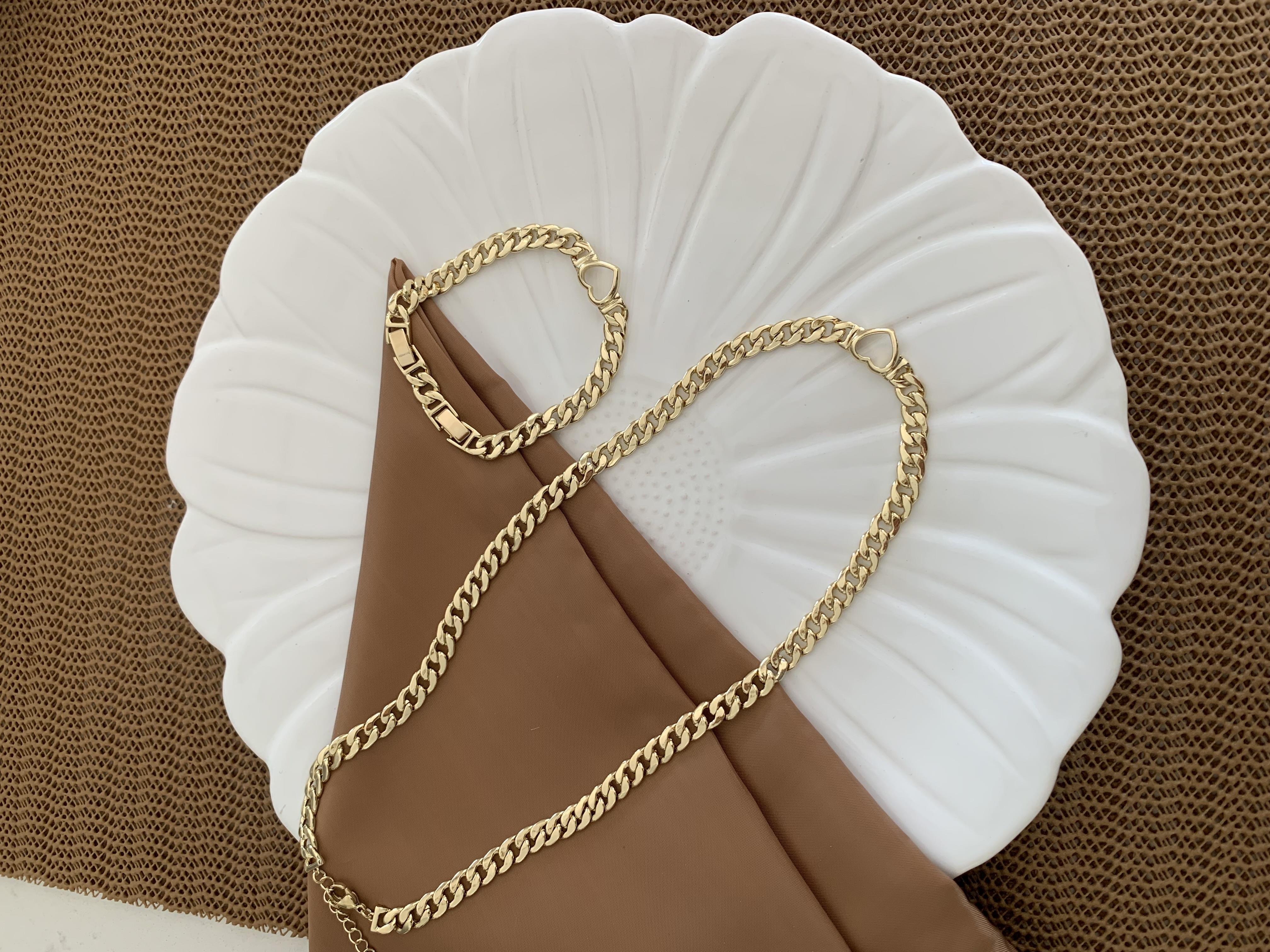 Vip Gold Klasik Zincirli Kalp Kolye Bileklik Set