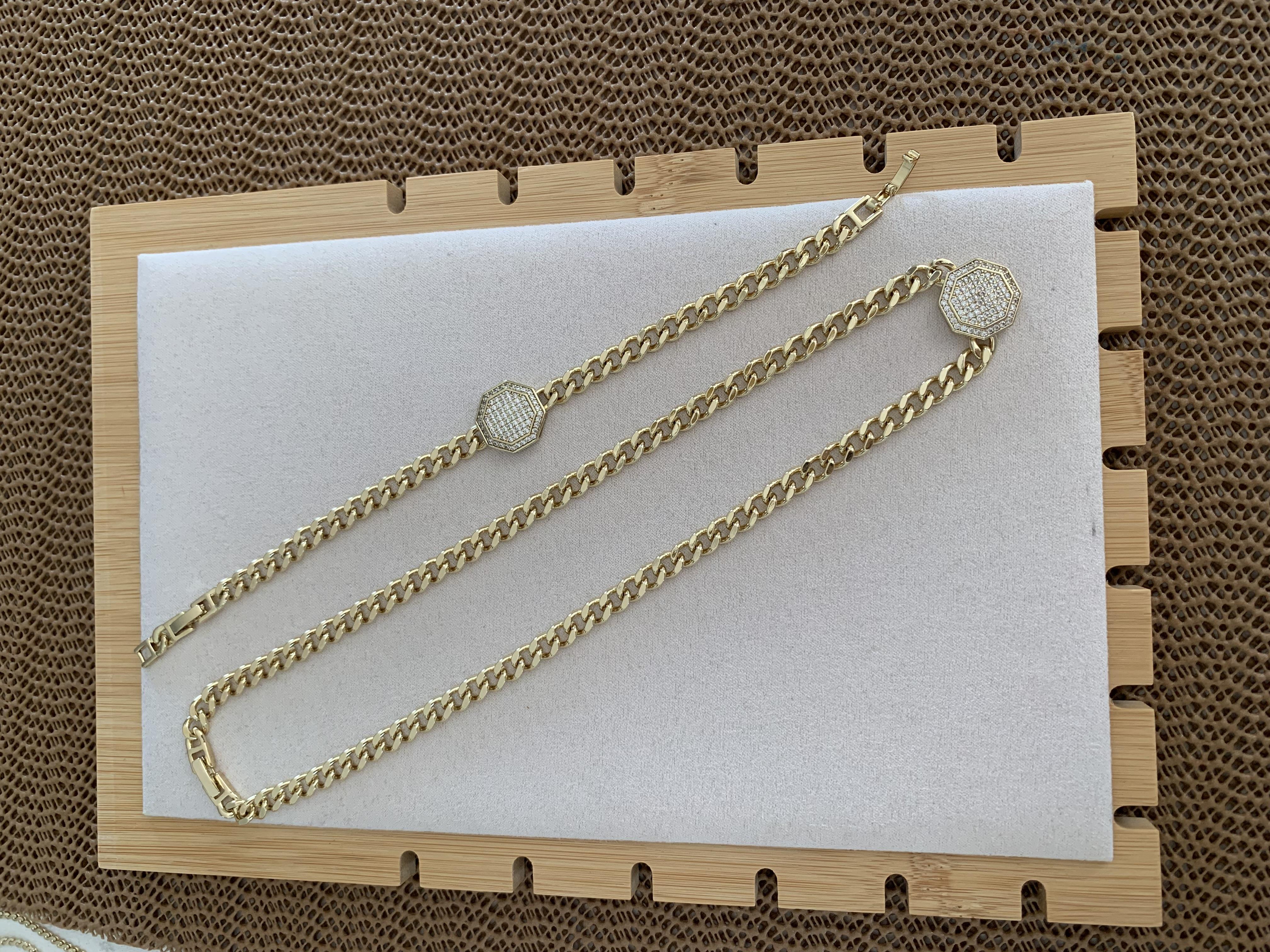 Vip Gold Klasik Zirkon Taşlı Beşgen Kolye Bileklik Set