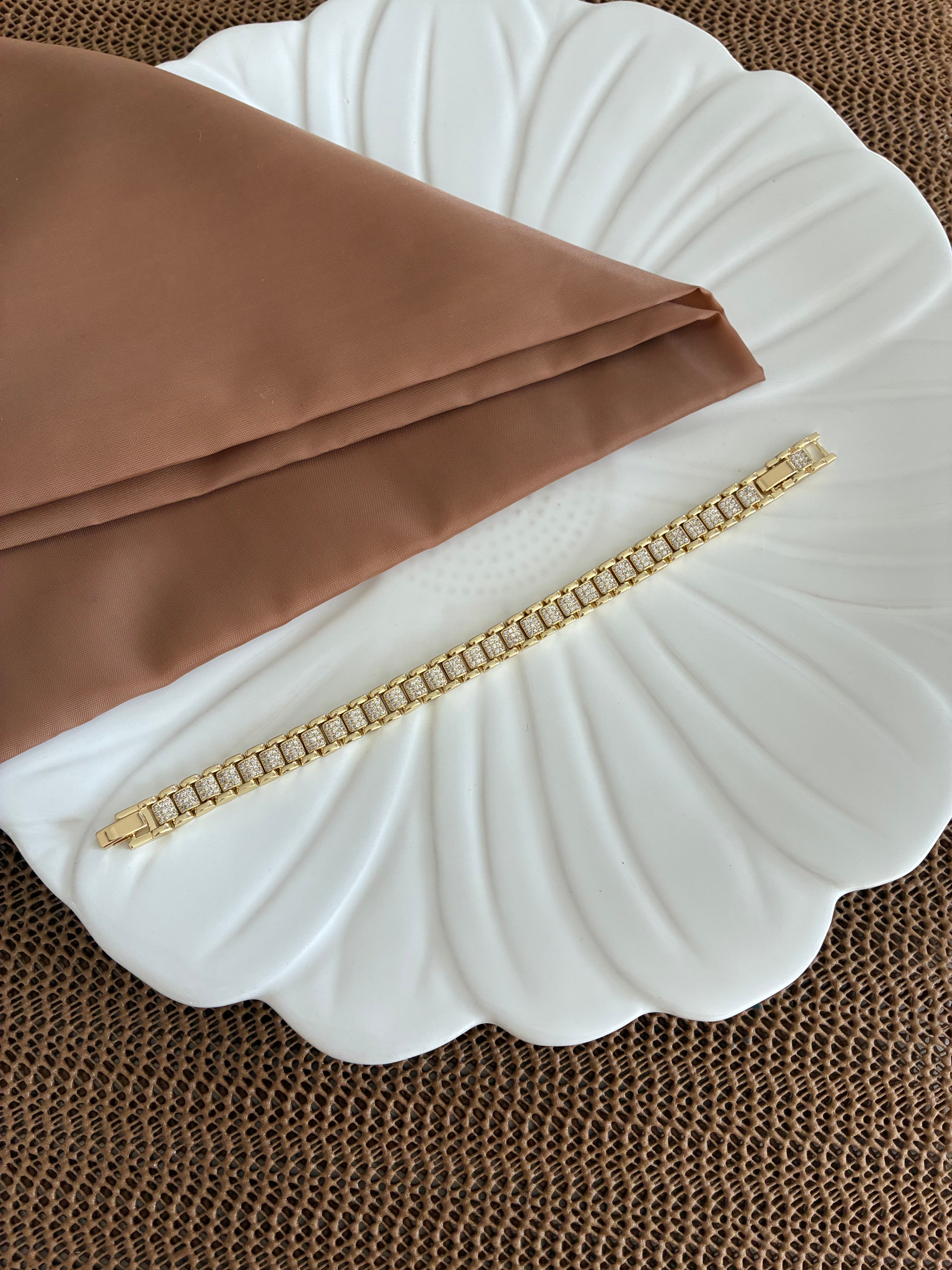Vip Gold Komple Zirkon Taşlı İnce Kare Sıralı Bileklik