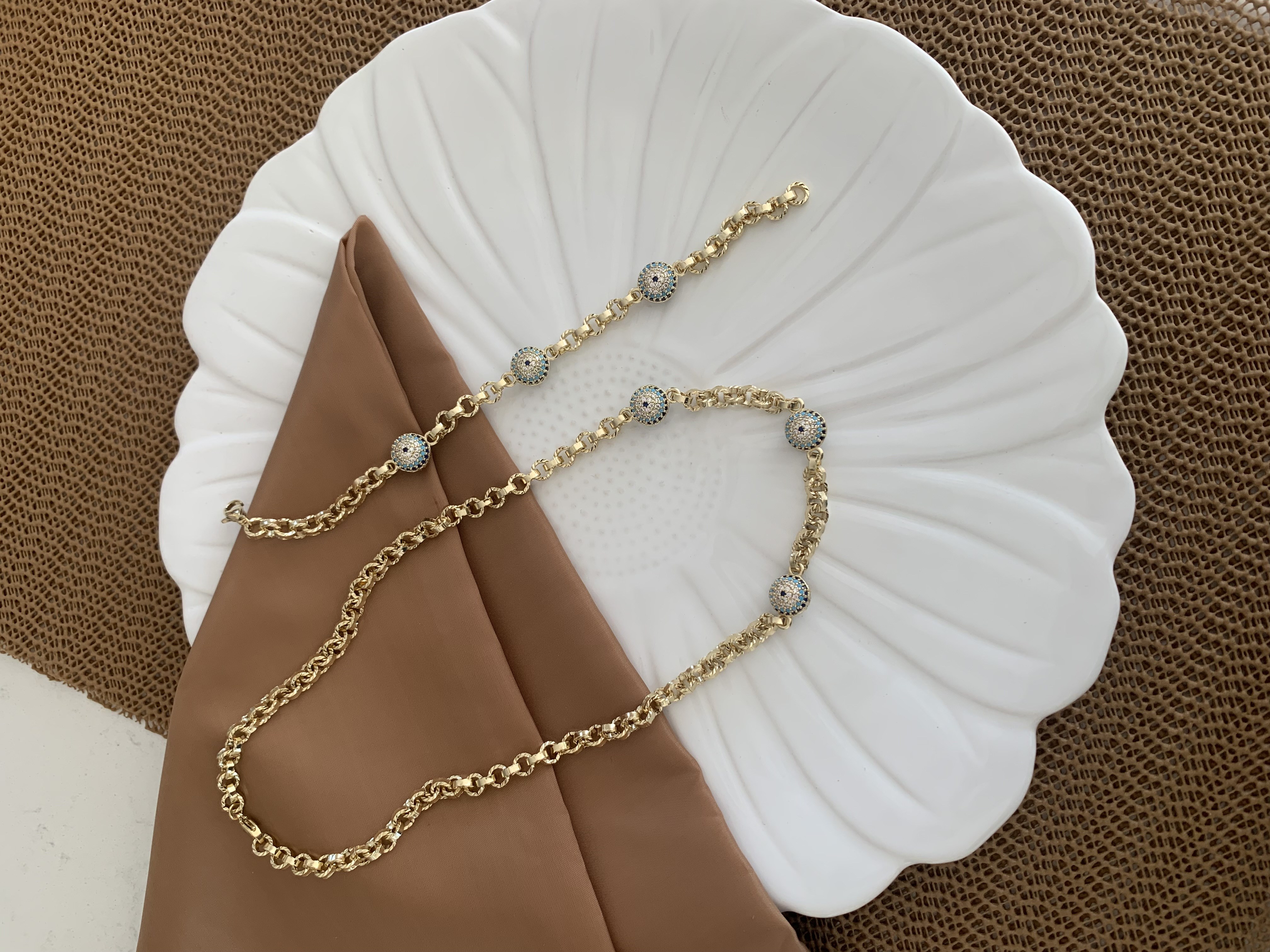 Vip Gold Mavi Nazar Top Sıralı Bileklik Set Kolye