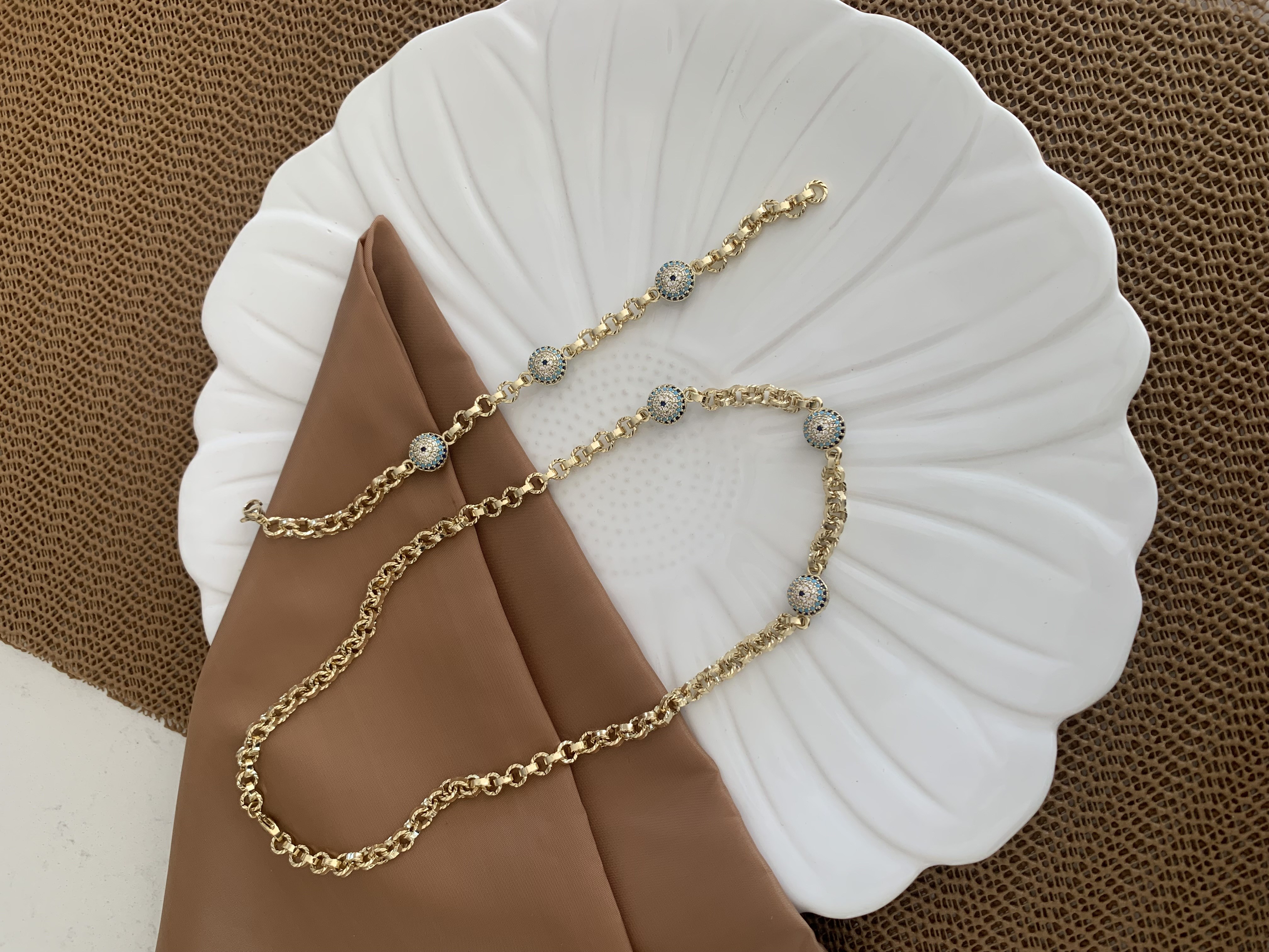 Vip Gold Mavi Nazar Top Sıralı Bileklik Set Kolye