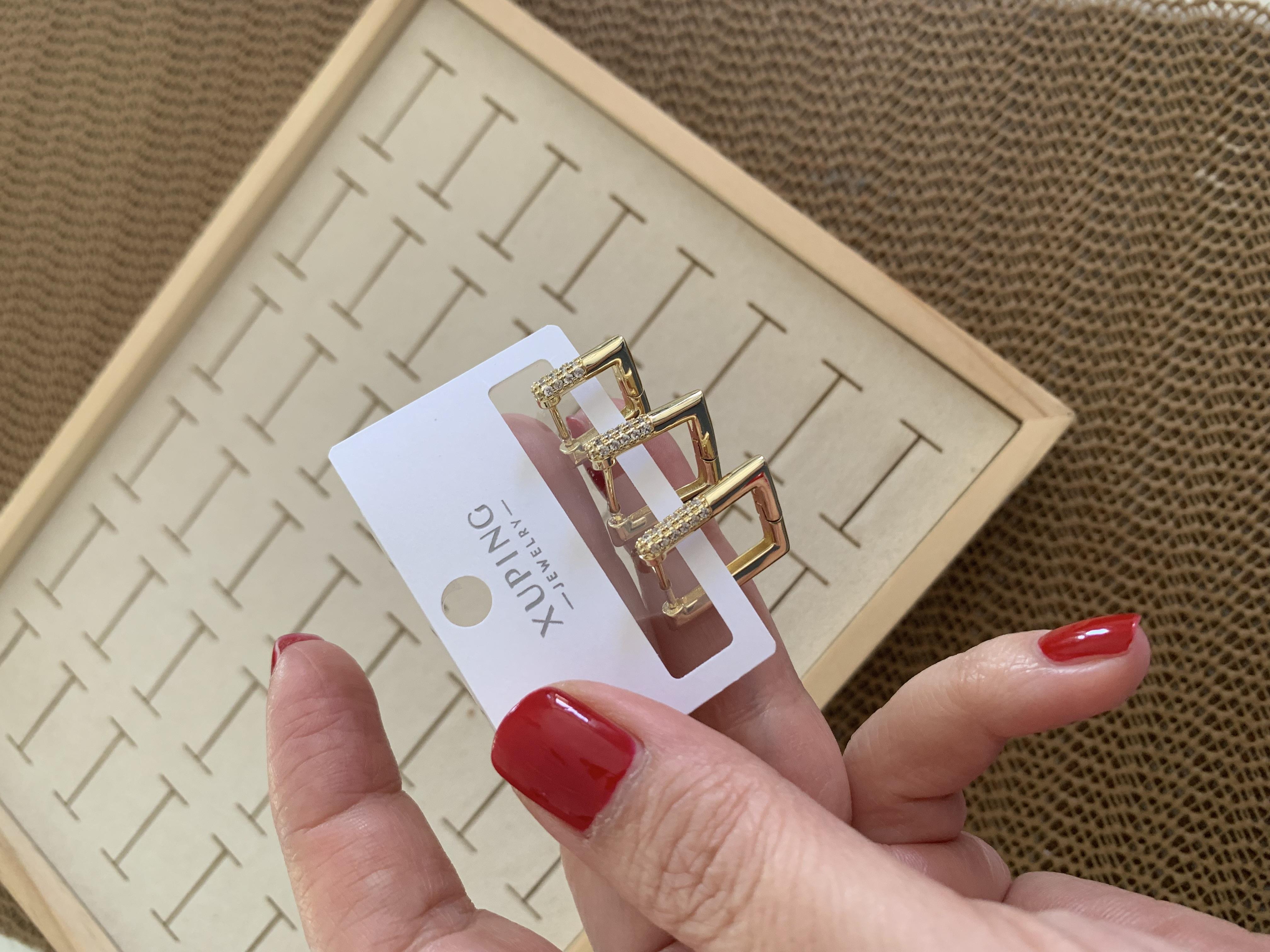 Vip Gold Zirkon Taşı Kare Üçlü Set Halka Küpe