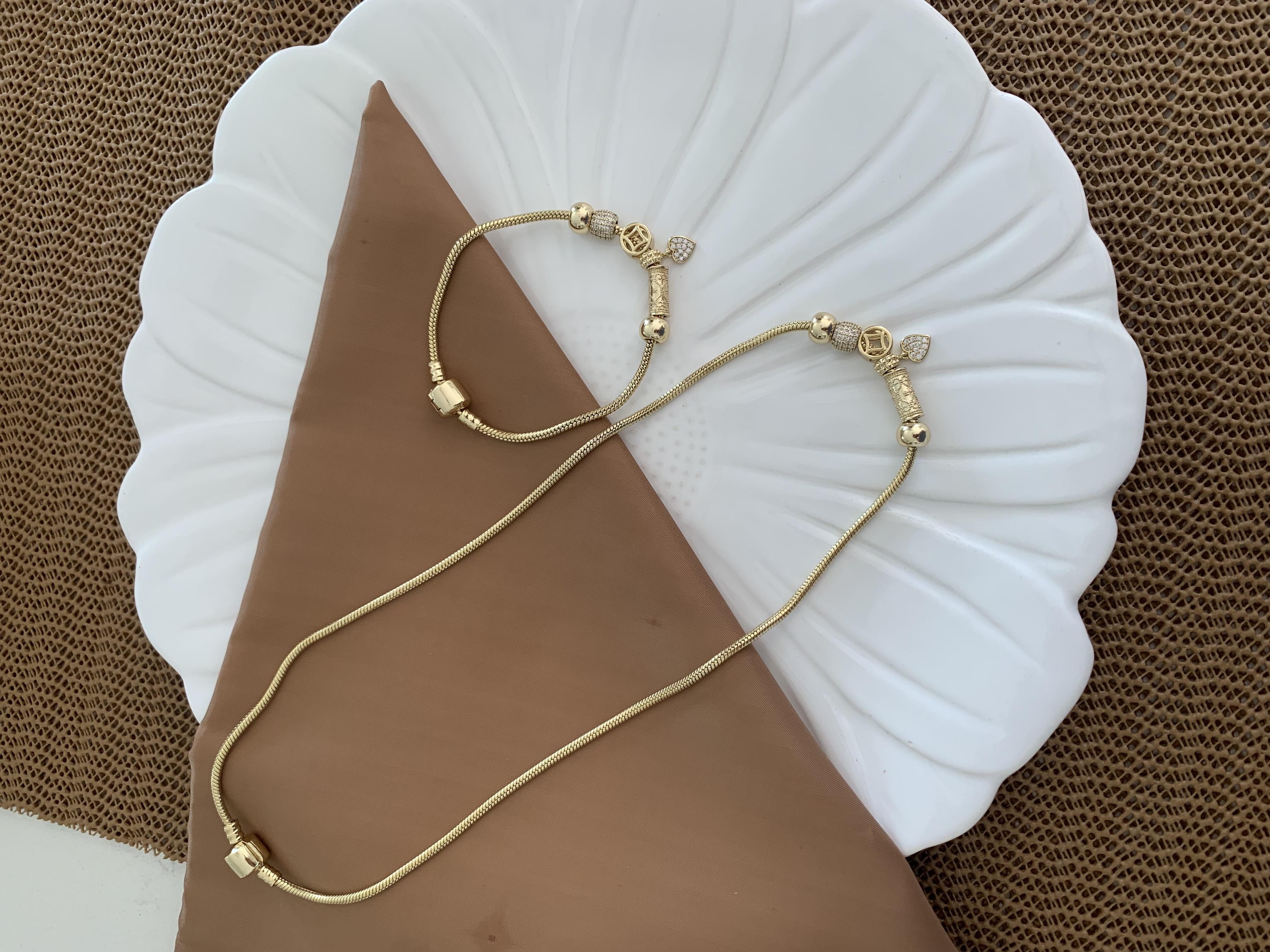 Vip Gold Zirkon Taşlı Biyeli Kalp Charm Bileklik Set Kolye