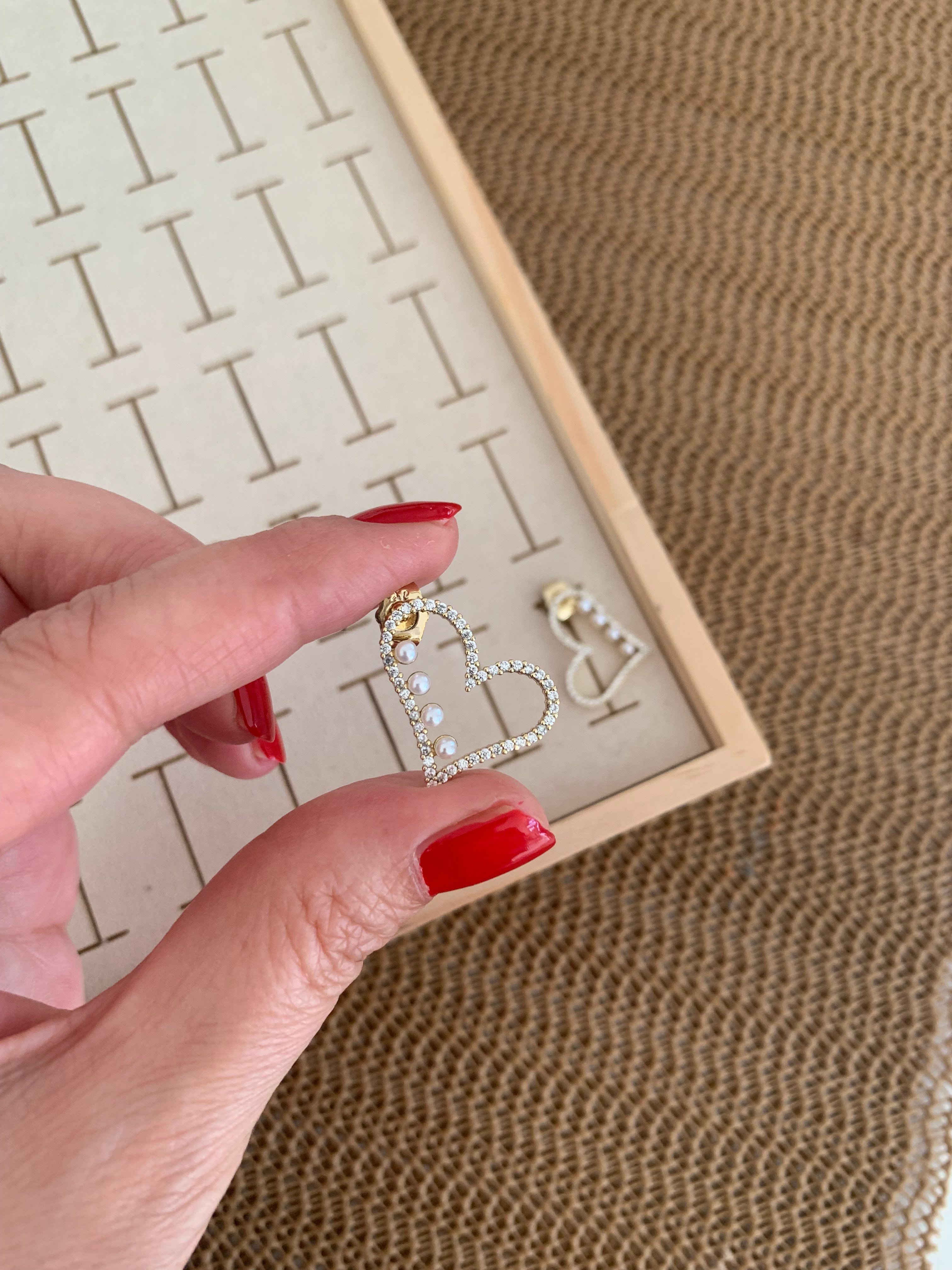 Vip Gold Zirkon Taşlı İnci Kalp Küpe