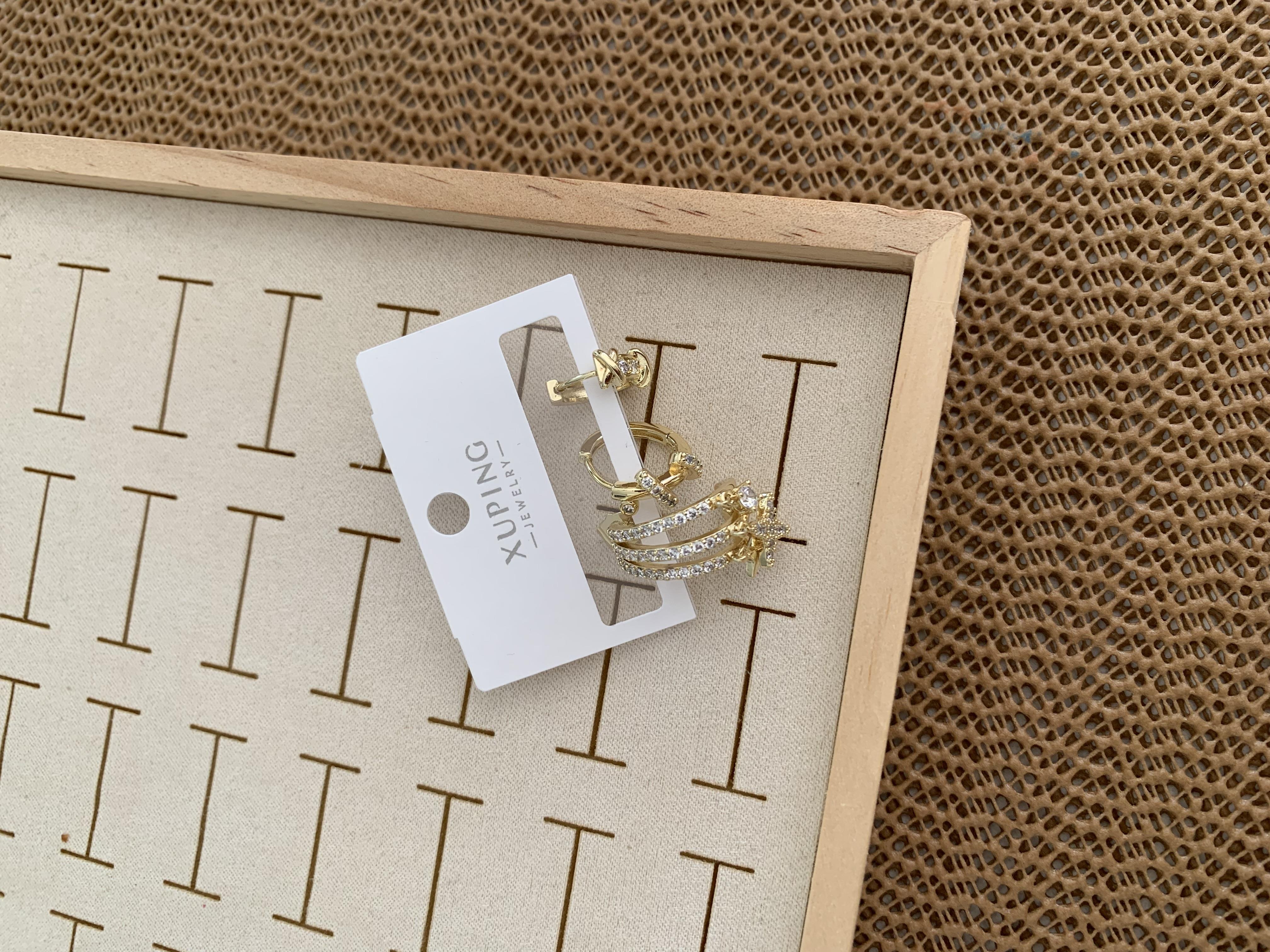 Vip Gold  Zirkon Taşlı Üç Sıra Tasarım Yıldız Üçlü Set Küpe