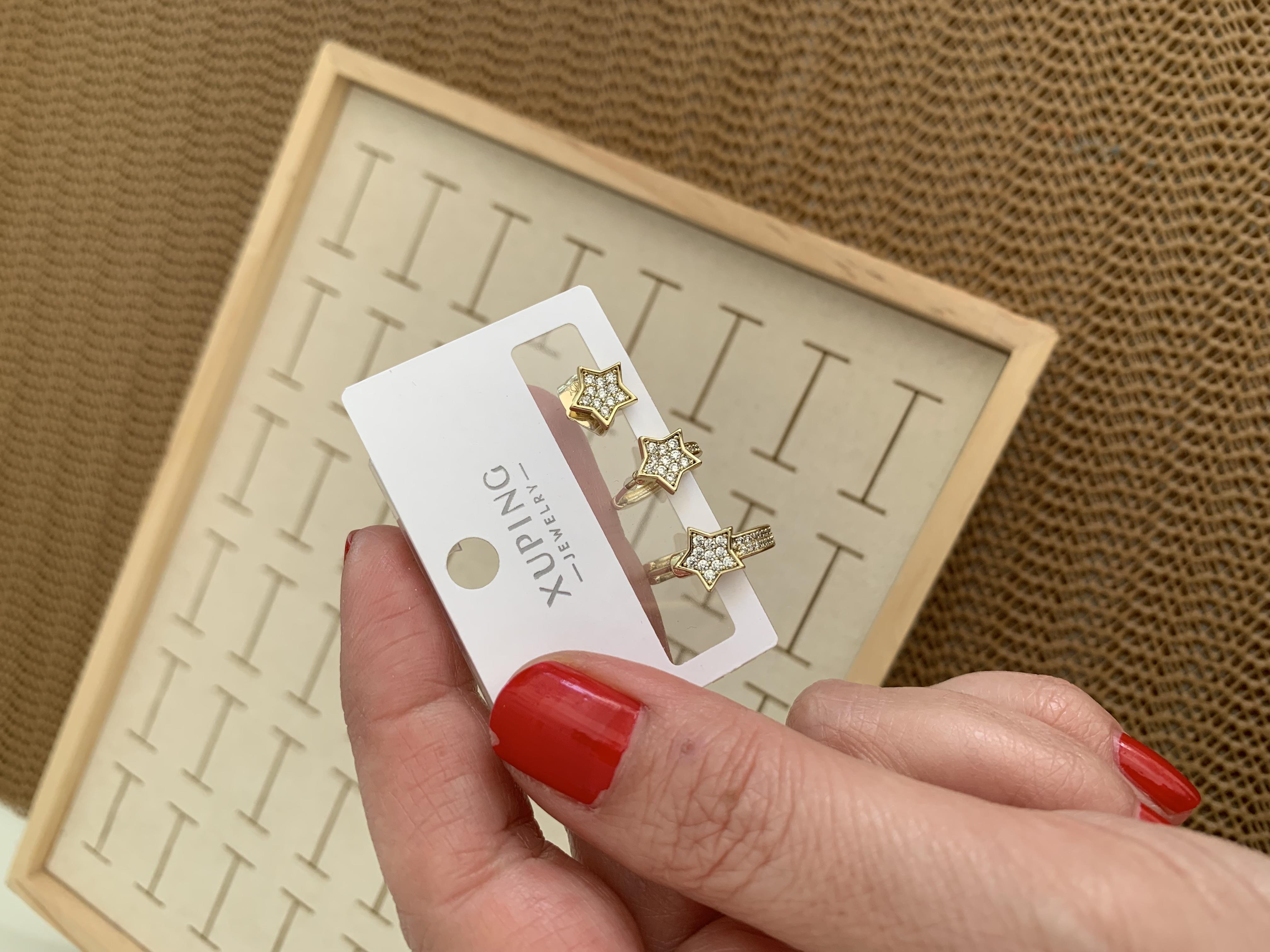 Vip Gold Zirkon Taşlı Yıldız Üçlü Set Halka Küpe
