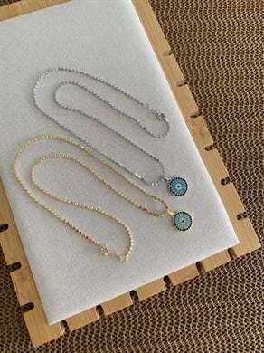 Çelik Ezme Zincir Zirkon Taşlı Mavi Nazar Tasarım Kolye