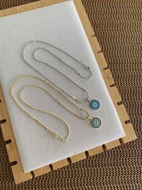 Çelik Ezme Zincir Zirkon Taşlı Mavi Nazar Tasarım Kolye