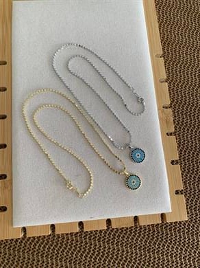 Çelik Ezme Zincir Zirkon Taşlı Mavi Nazar Tasarım Kolye