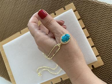 Çelik Gold 60 Cm Ezme Zincir Zirkon Taşlı Firuze Oval Kolye