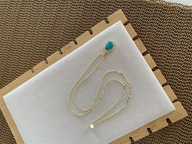 Çelik Gold 60 Cm Ezme Zincir Zirkon Taşlı Firuze Oval Kolye