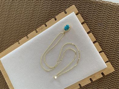 Çelik Gold 60 Cm Ezme Zincir Zirkon Taşlı Firuze Oval Kolye