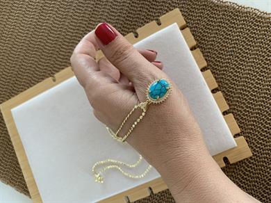 Çelik Gold 60 Cm Ezme Zincir Zirkon Taşlı Firuze Oval Kolye