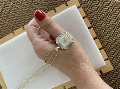 Çelik Gold Dorika Zincir Zirkon Taşlı Sdf Kare Tasarım Kolye