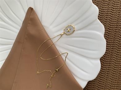 Çelik Gold Gömme Taşlı Oval Kutup Yıldızlı Kolye