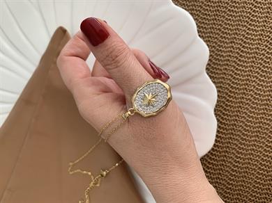 Çelik Gold Gömme Taşlı Oval Kutup Yıldızlı Kolye