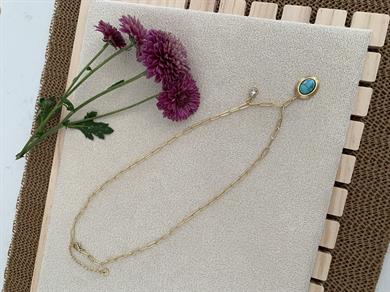 Çelik Gold İç İçe Geçme Zincirli Oval Firuze Kolye