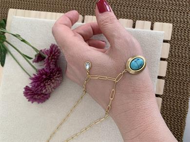 Çelik Gold İç İçe Geçme Zincirli Oval Firuze Kolye