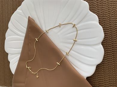 Çelik Gold İnce Hasır Zincirli Plaka Çubuk Sıralı Kolye