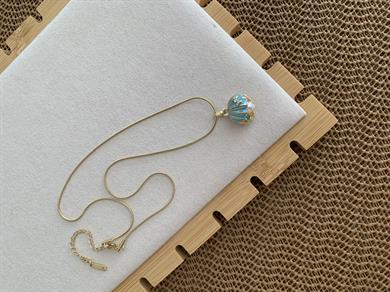 Çelik Gold İnce Küp İtalyan Zincir Mavi Midye İncili Kolye