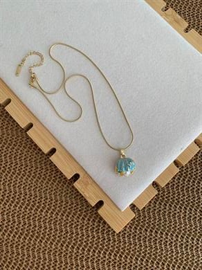 Çelik Gold İnce Küp İtalyan Zincir Mavi Midye İncili Kolye