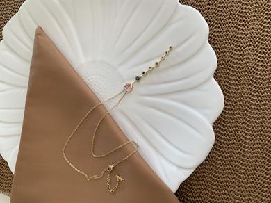 Çelik Gold İnce Zincir Gömme Renkli Taşlı Kalp Kare Y Kolye