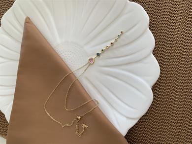 Çelik Gold İnce Zincir Gömme Renkli Taşlı Kalp Kare Y Kolye