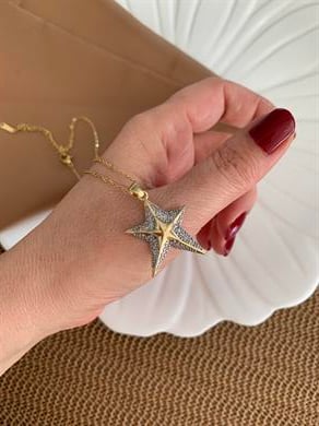 Çelik Gold İnce Zincir Zirkon Taşlı Duble Kutup Yıldız Kolye